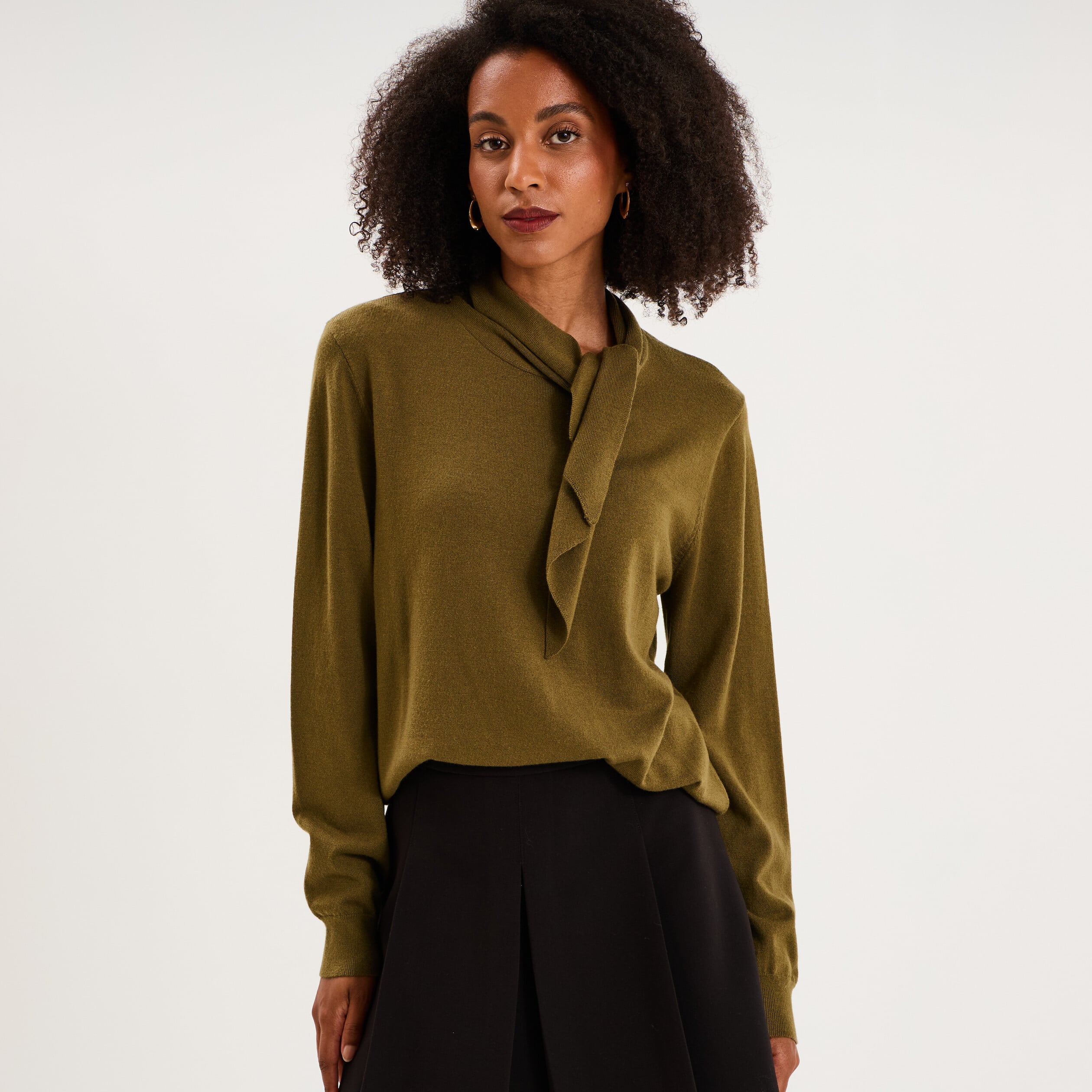 Pull fin col &eacute;charpe manches longues vert kaki femme