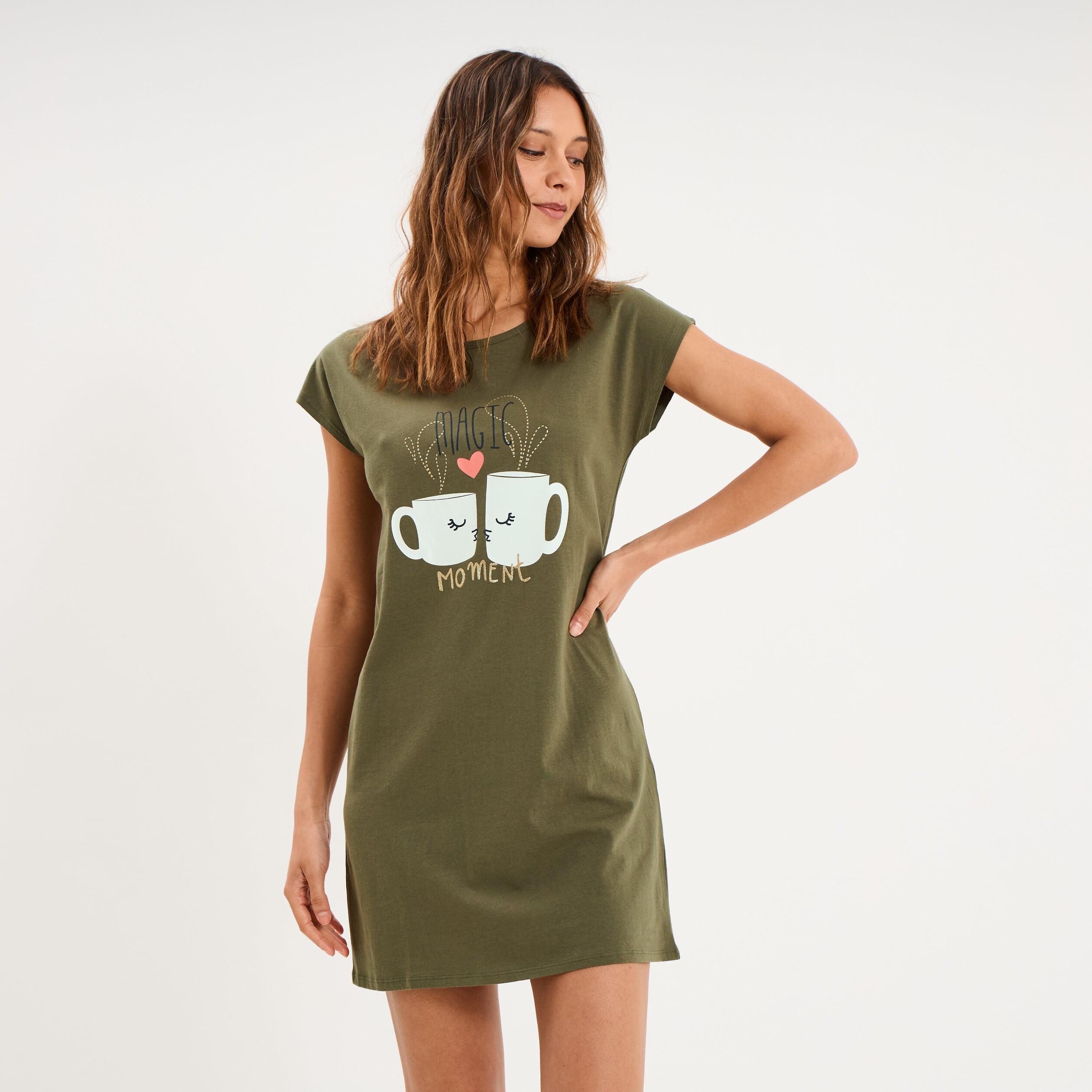 Chemise de nuit manches courtes coton vert kaki femme