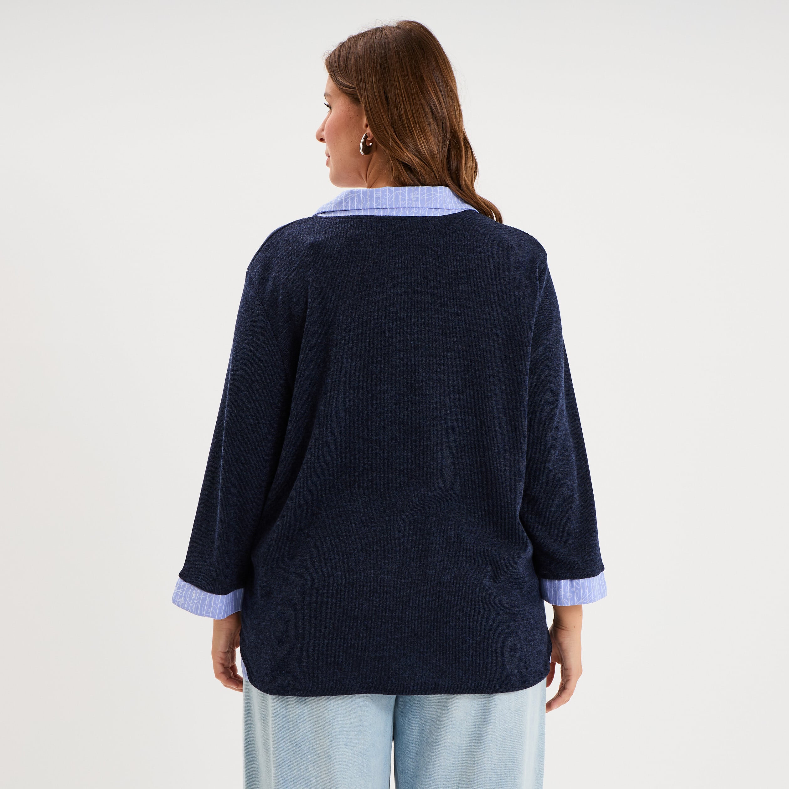 Pull effet 2-en-1 avec manches 3/4 bleu marine femme grande taille