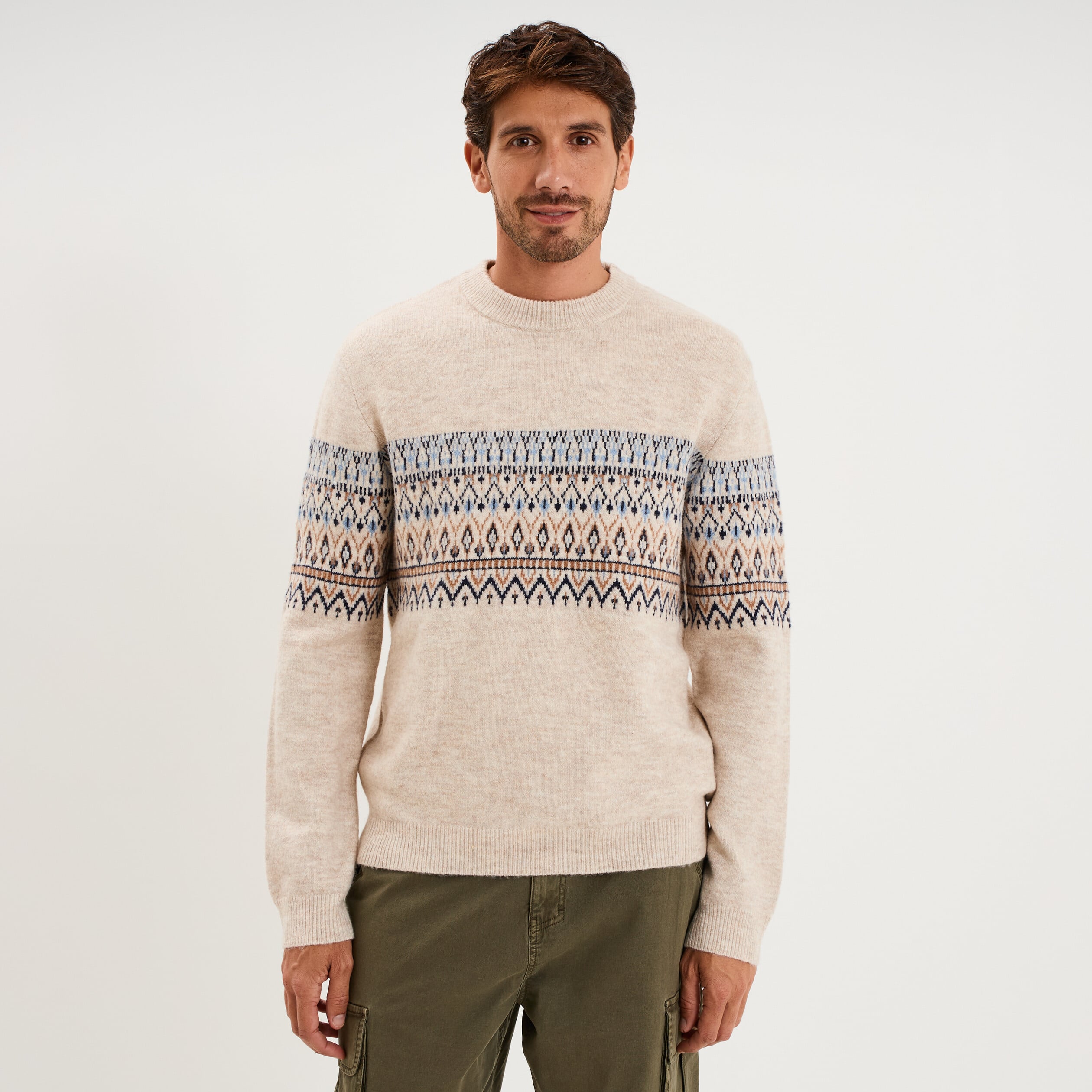 Pull jacquard col rond manches longues ecru homme