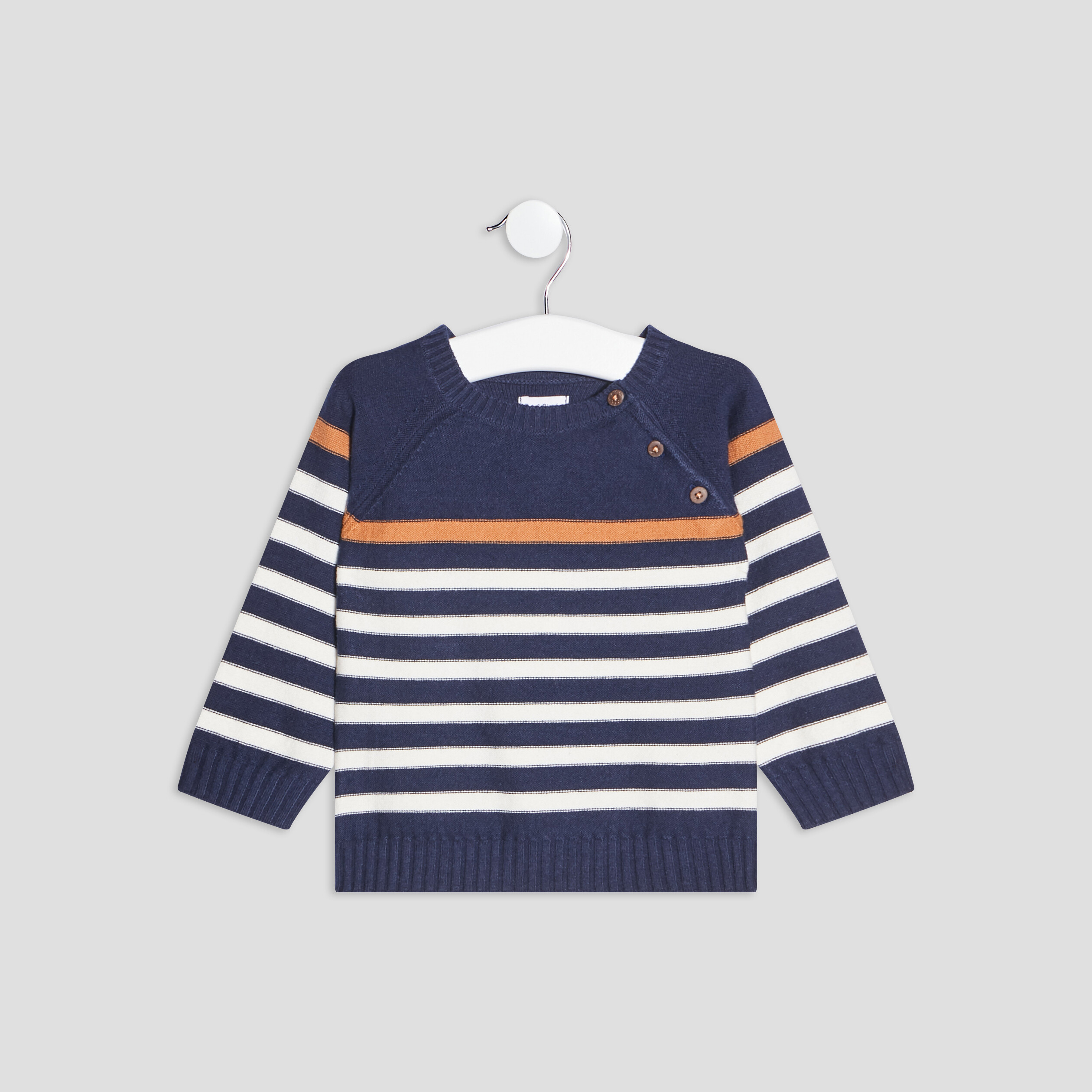 Pull avec &eacute;paule &agrave; boutons bleu marine b&eacute;b&eacute; gar&ccedil;on