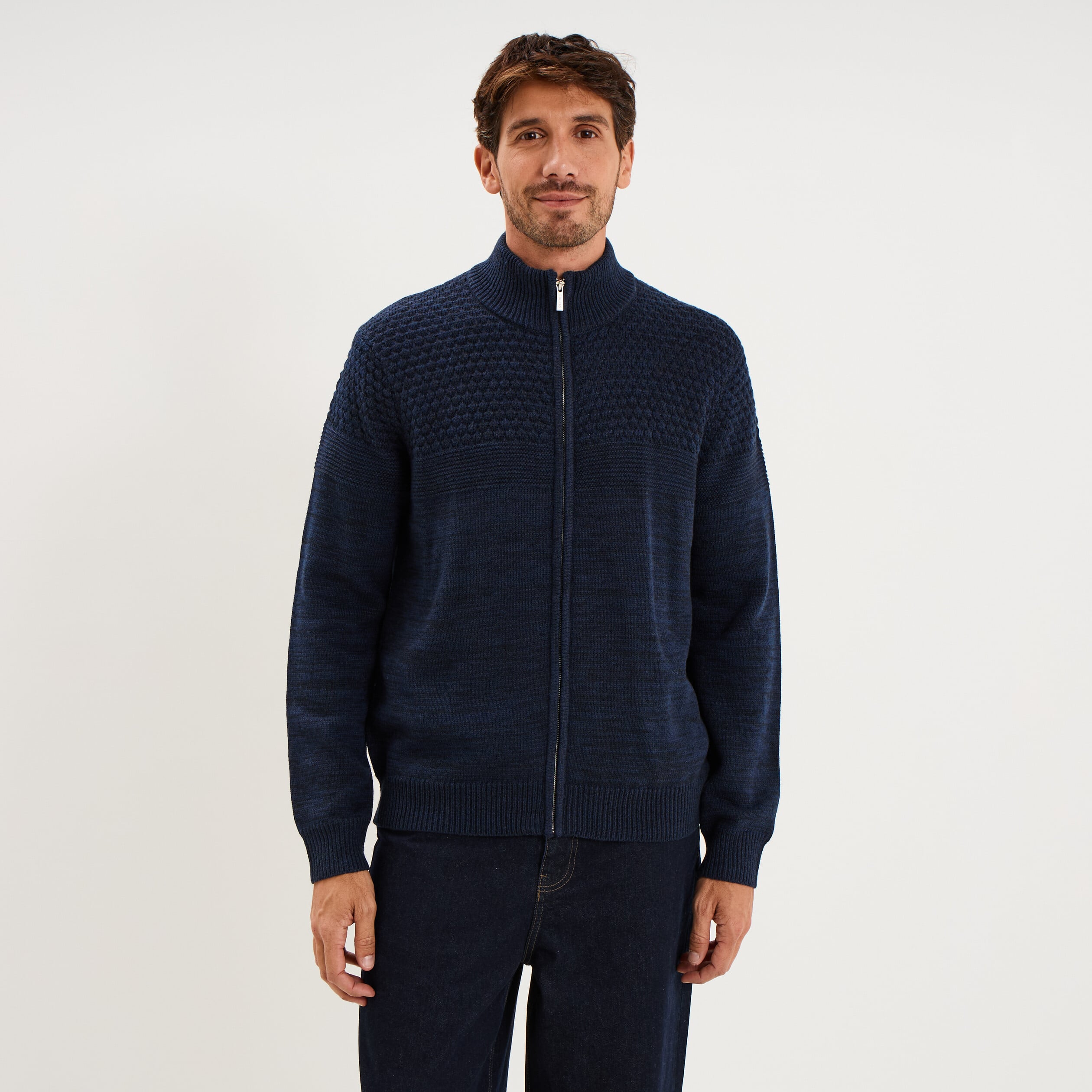 Gilet zipp&eacute; col montant manches longues bleu marine homme