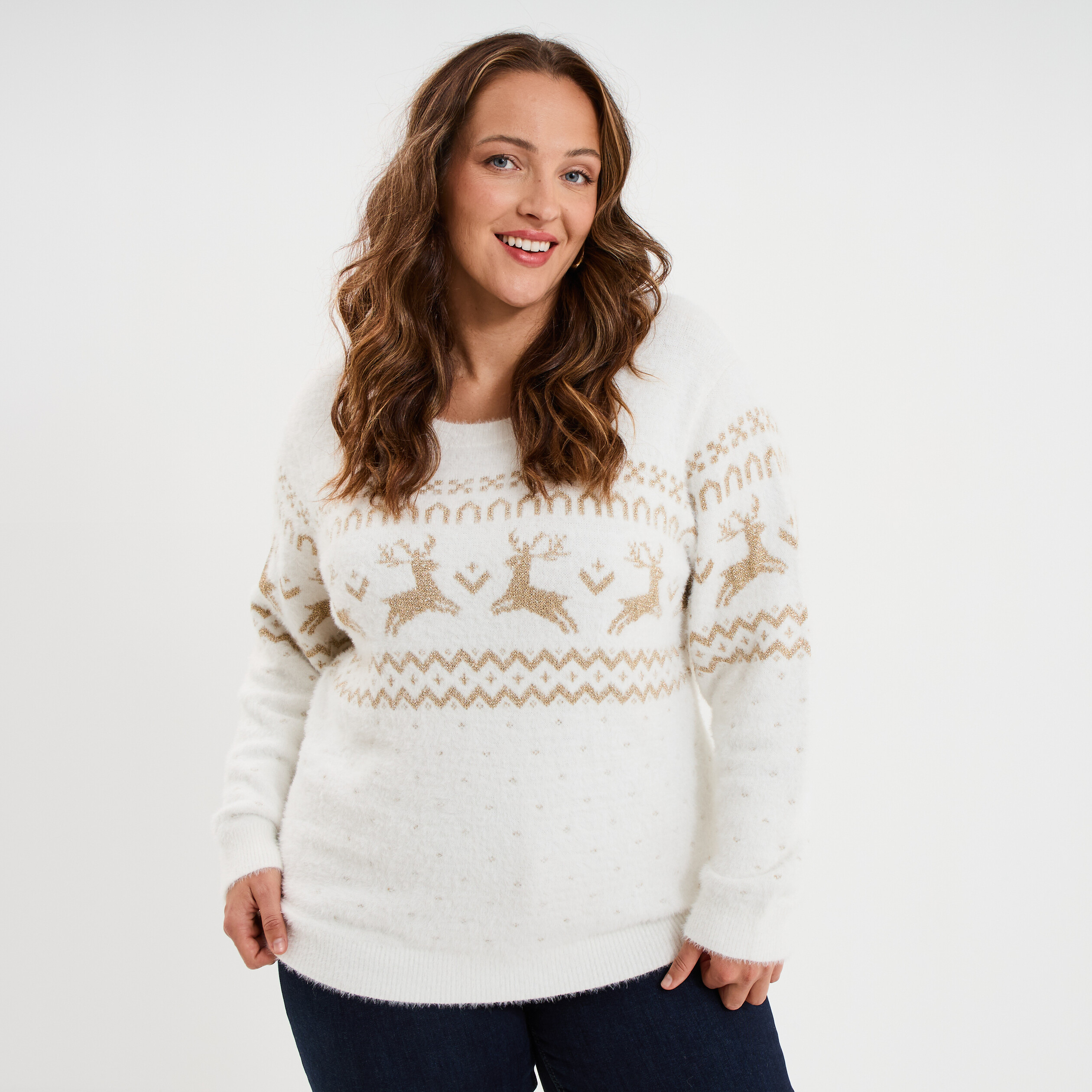 Pull de No&euml;l manches longues ivoire femme grande taille