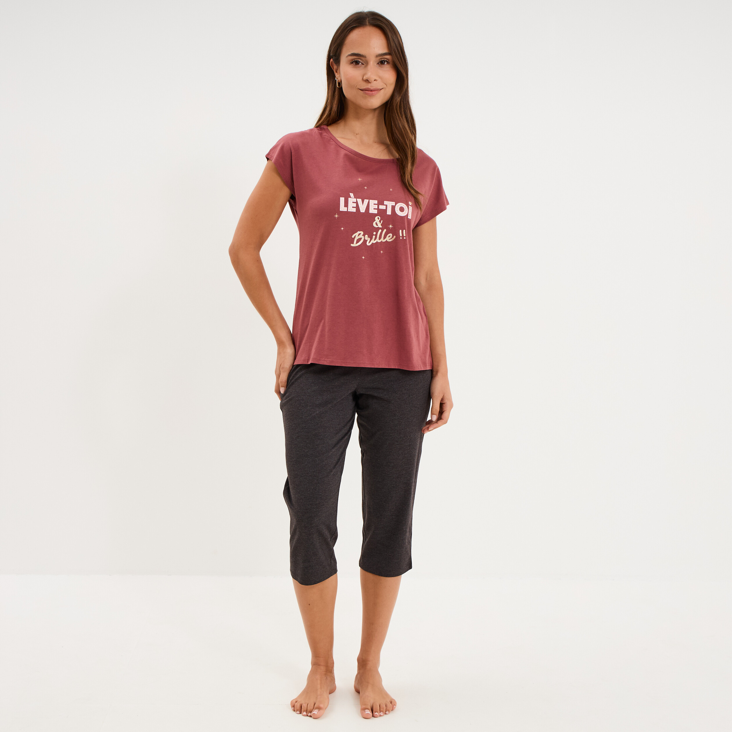 Ensemble pyjama corsaire t-shirt rose framboise femme