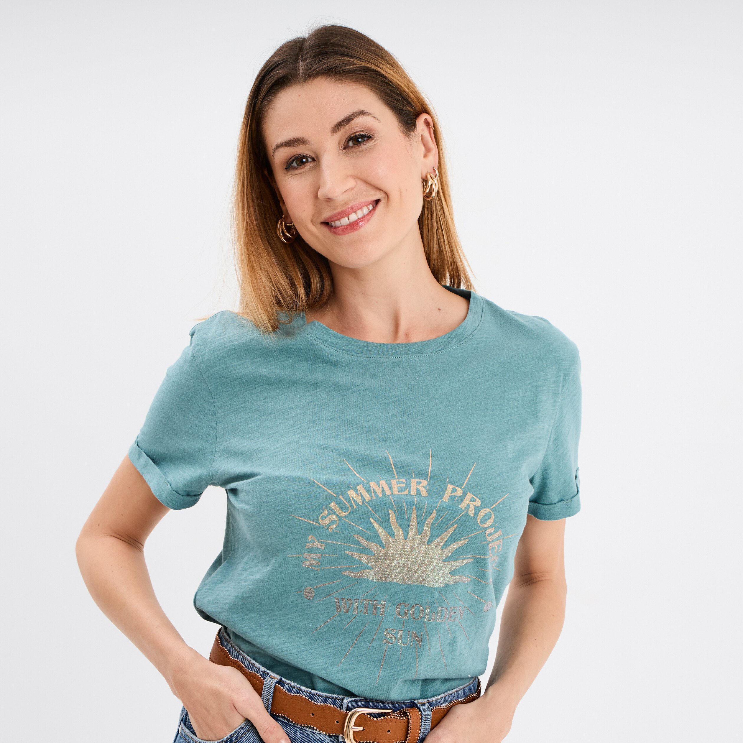 t shirt manches courtes coton vert canard femme T-shirt manches courtes coton vert canard femme