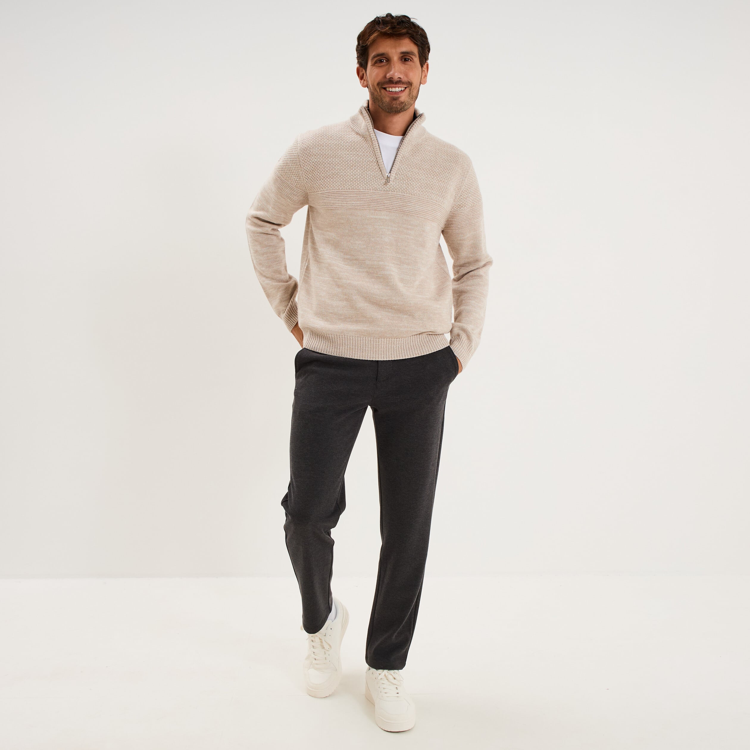 Pull col camionneur manches longues gris clair homme