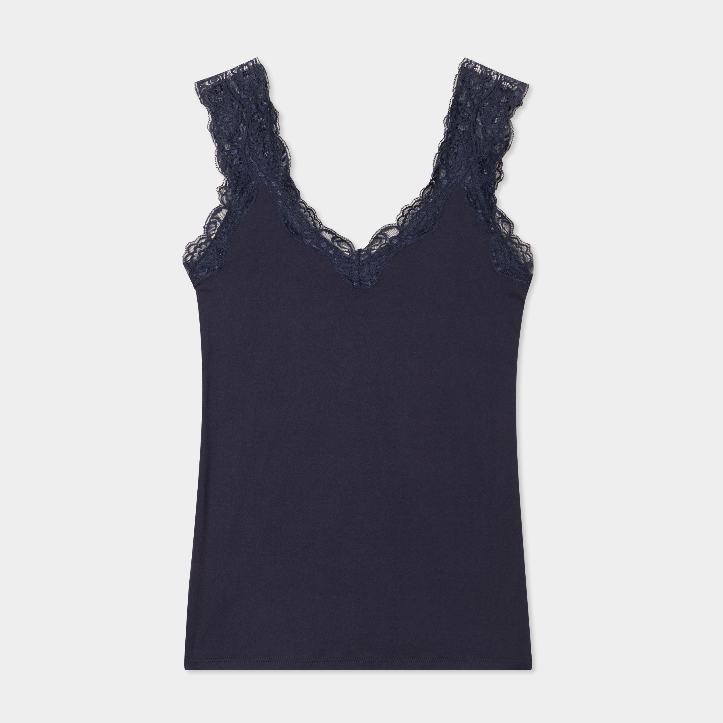 debardeur ajuste detail dentelle bleu marine femme Débardeur ajusté détail dentelle bleu marine femme