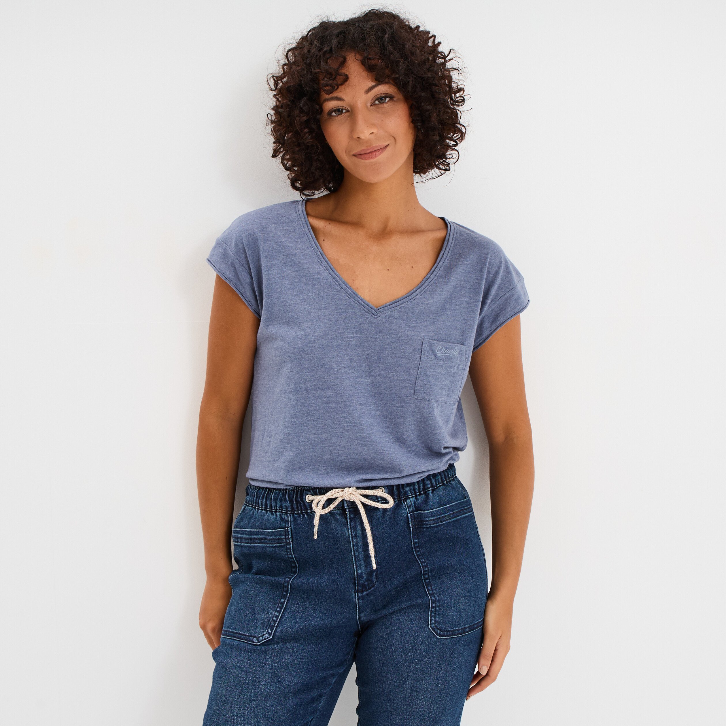 t shirt col v poche poitrine creeks bleu gris femme T-shirt col v poche poitrine Creeks bleu gris femme