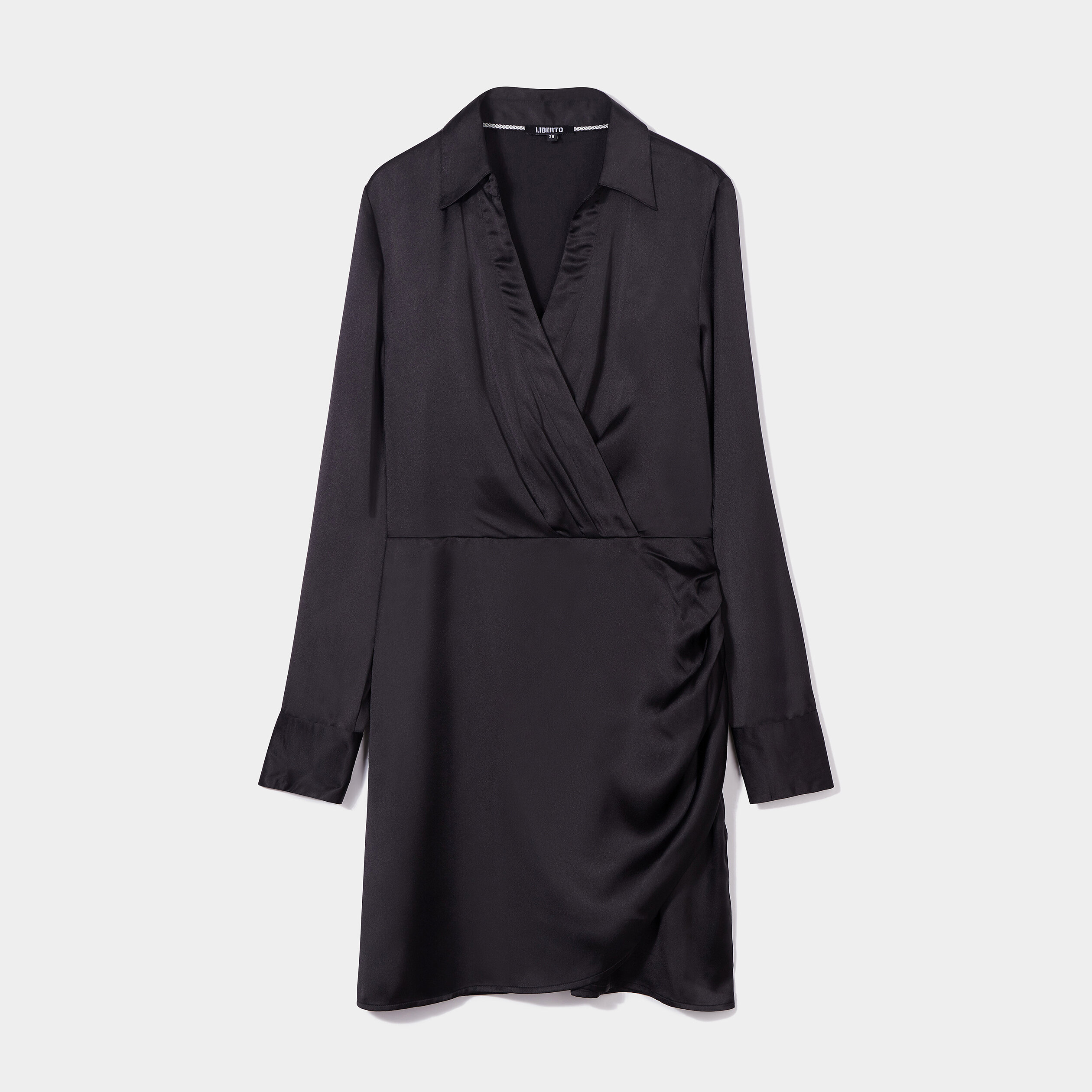 Robe satin portefeuille courte noir femme