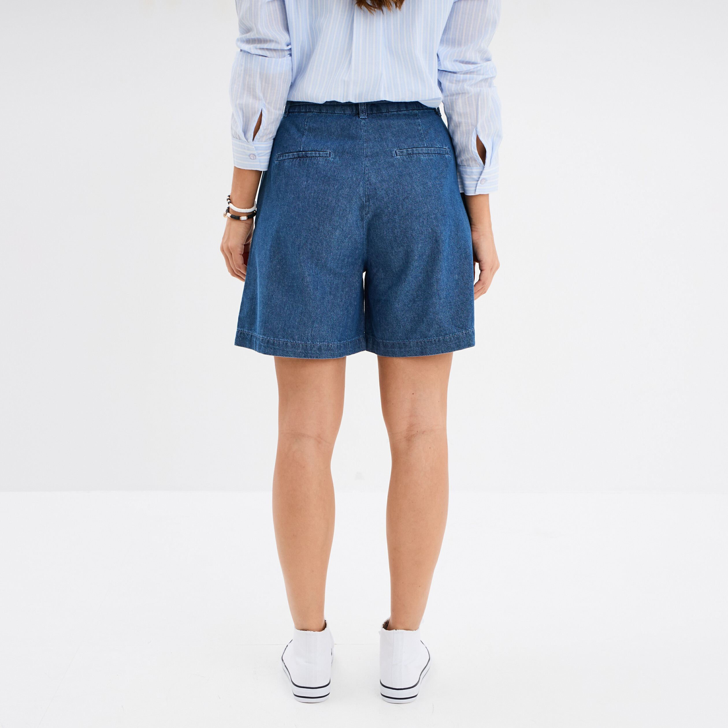 Short large jean coton ceinture à nouer denim double stone femme