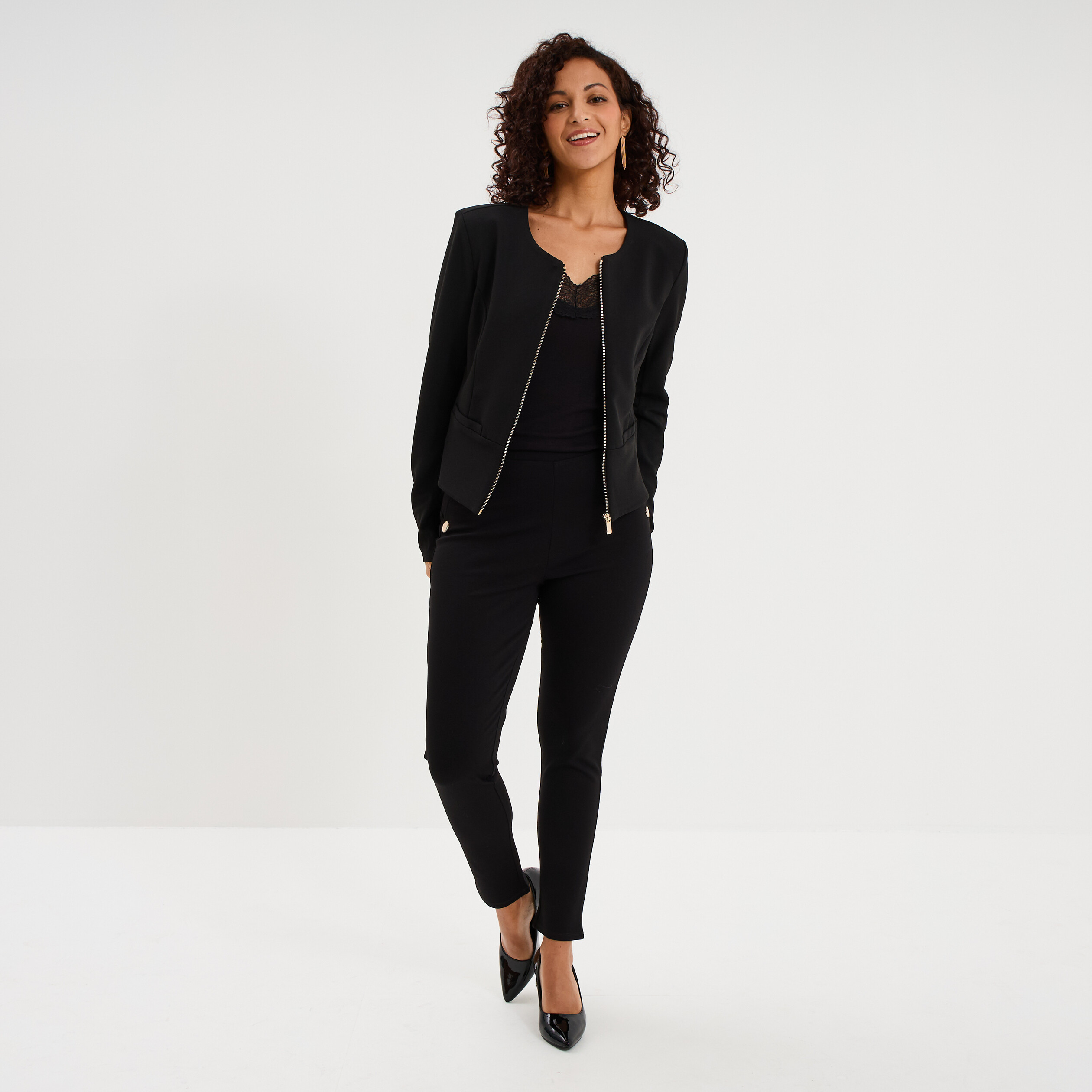 Veste courte zipp&eacute;e ajust&eacute;e noir femme