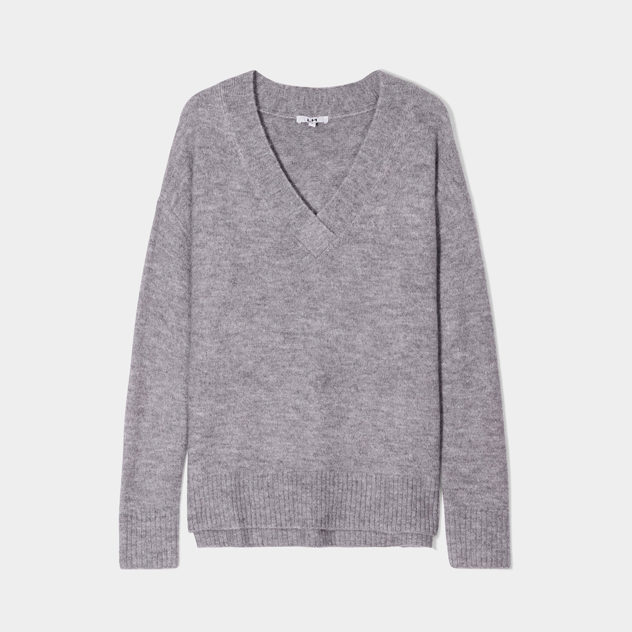 Pull droit ample col V fentes aux c&ocirc;t&eacute;s gris clair femme