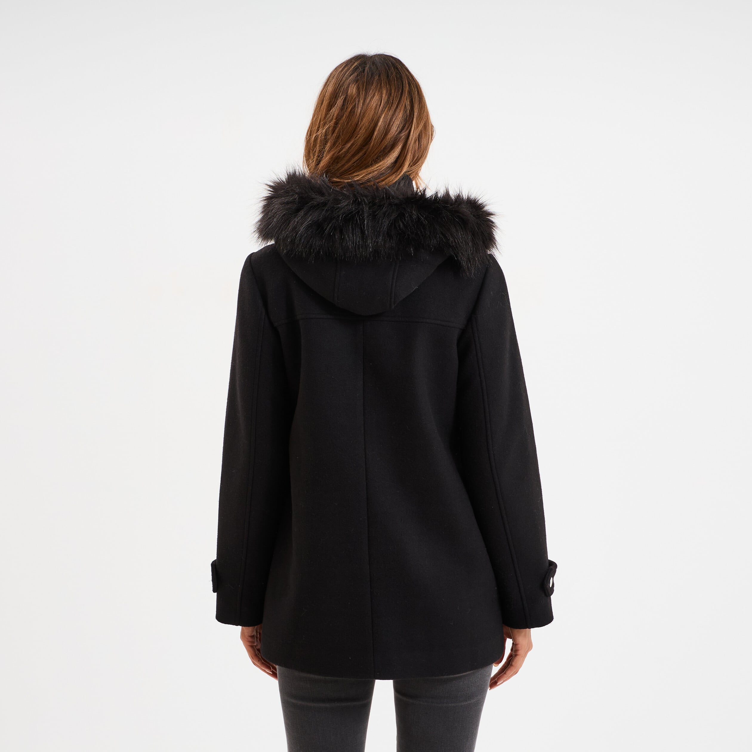 Manteau zipp&eacute; capuche fausse fourrure noir femme