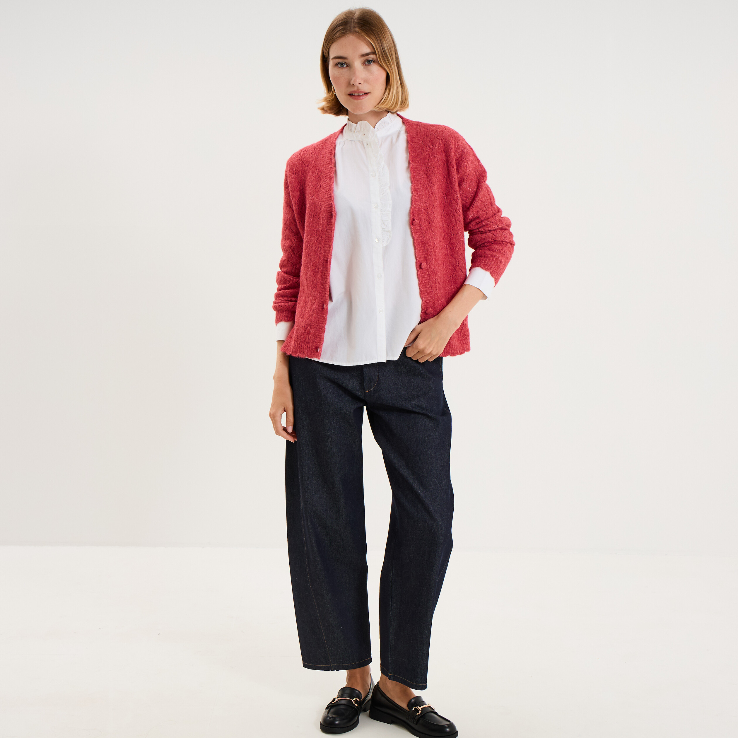 Gilet cardigan ajour&eacute; manches longues rose cerise femme