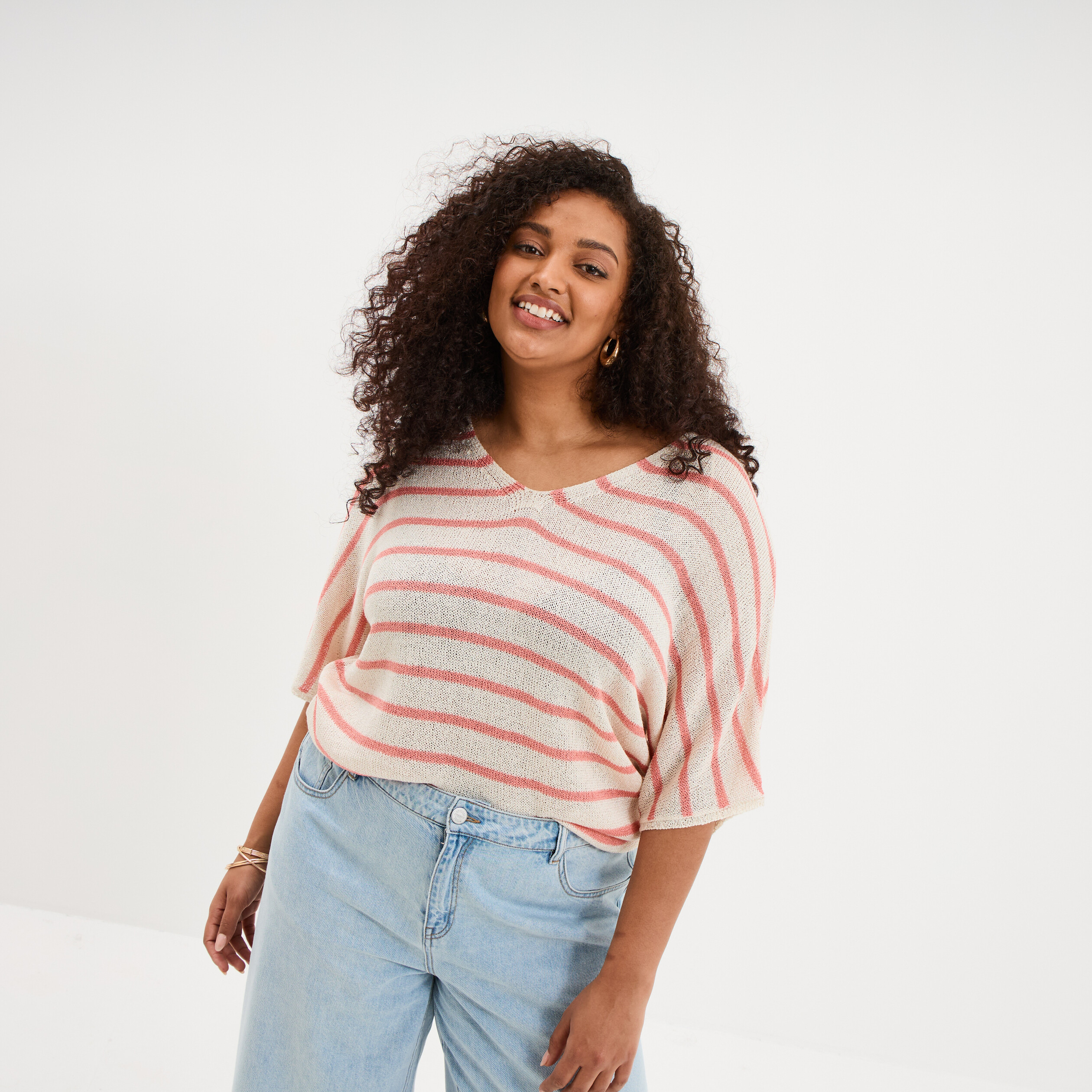Pull manches 3/4 col en V blanc femme grande taille