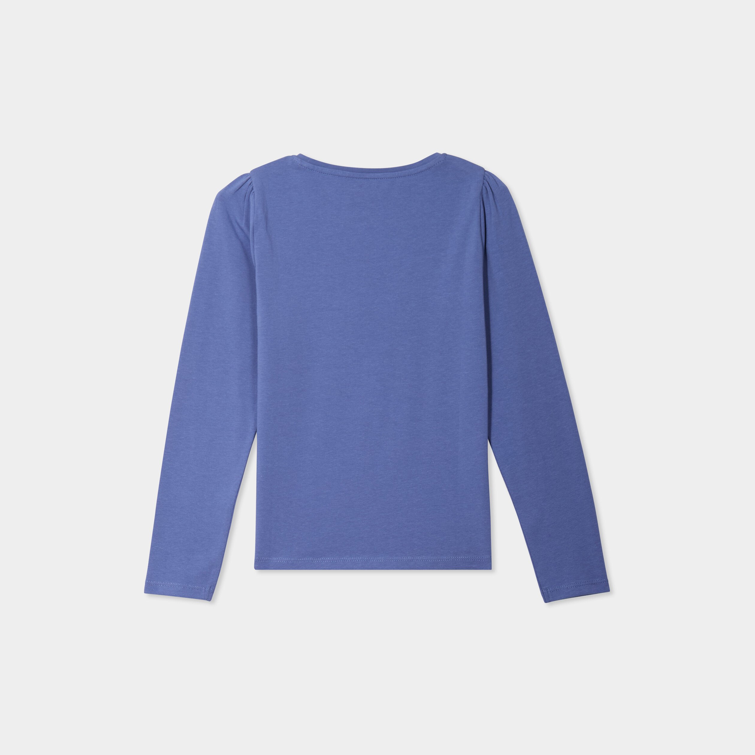 t shirt coton manches longues a fronces bleu gris fille T-shirt coton manches longues à fronces bleu gris fille