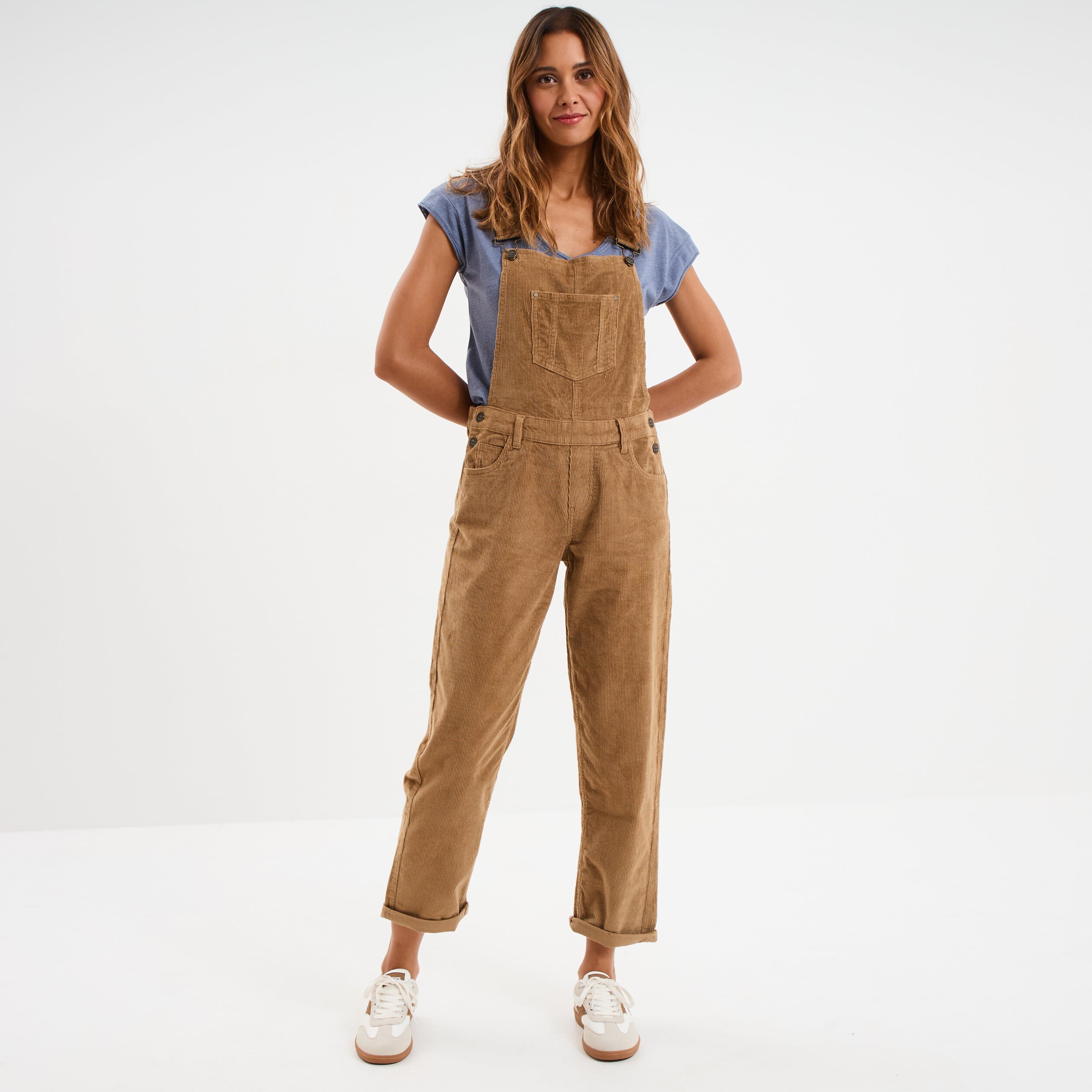 Salopette effet velours c&ocirc;tel&eacute; coton vert kaki femme