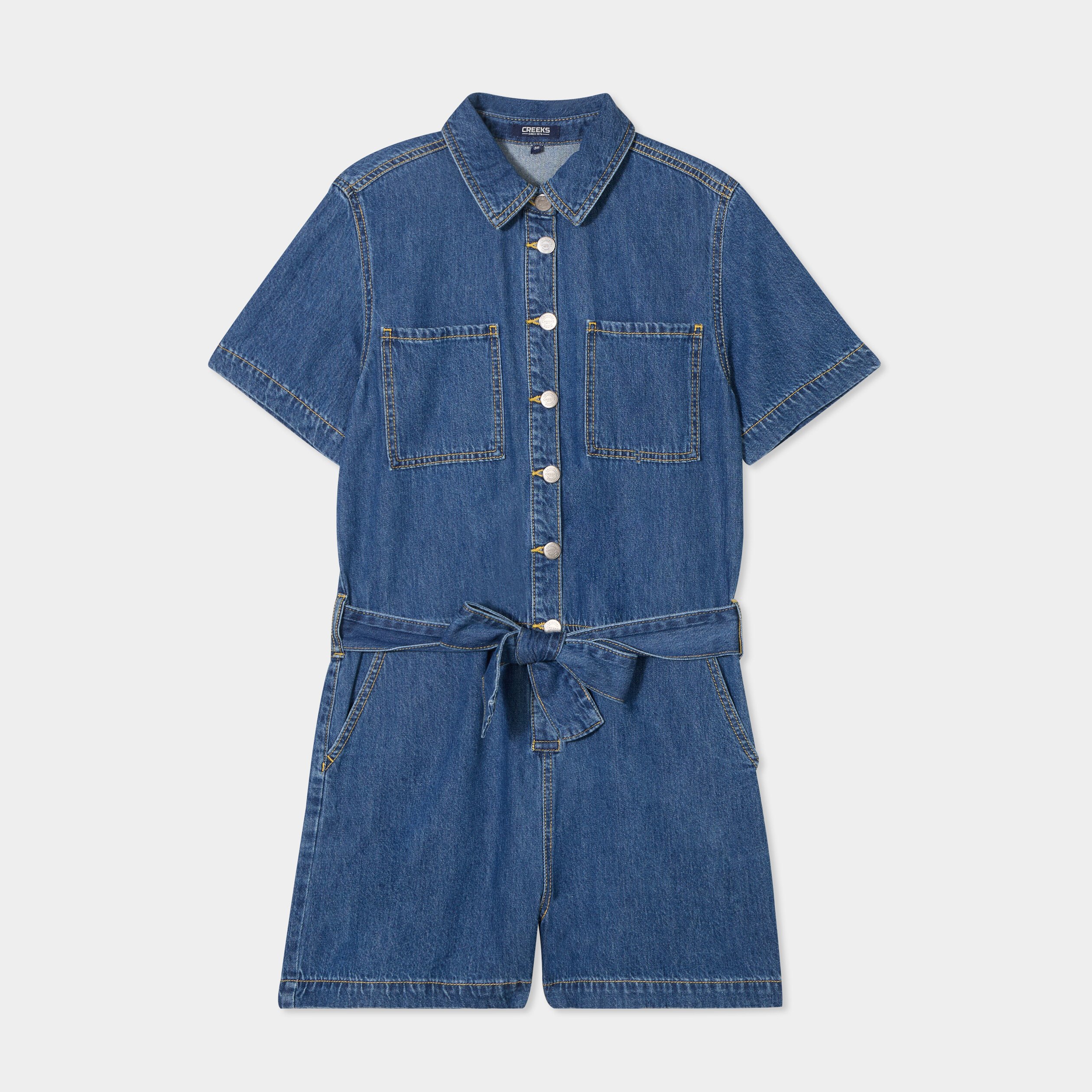 combishort en jean ceinturee coton denim stone femme Combishort en jean ceinturée coton denim stone femme