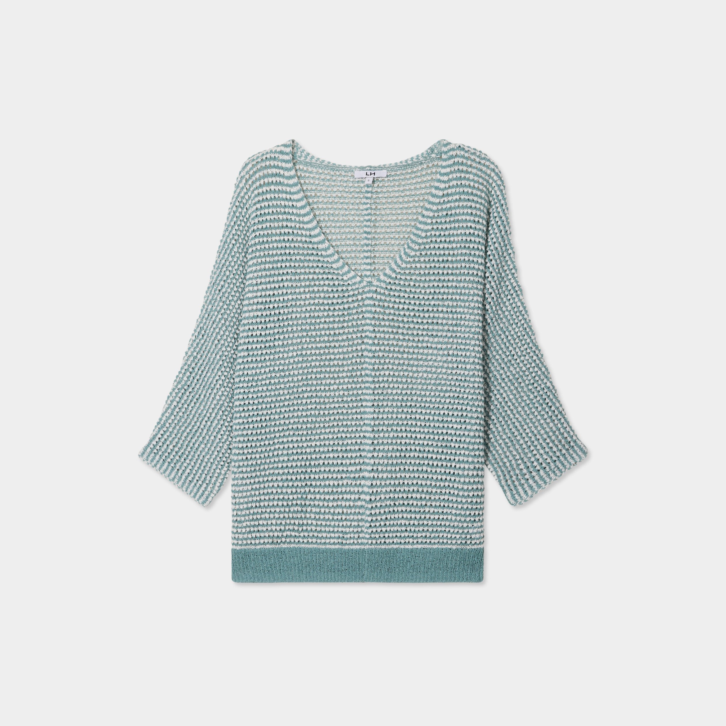 pull ajoure effet crochet manches 34 bleu gris femme Pull ajouré effet crochet manches 3/4 bleu gris femme