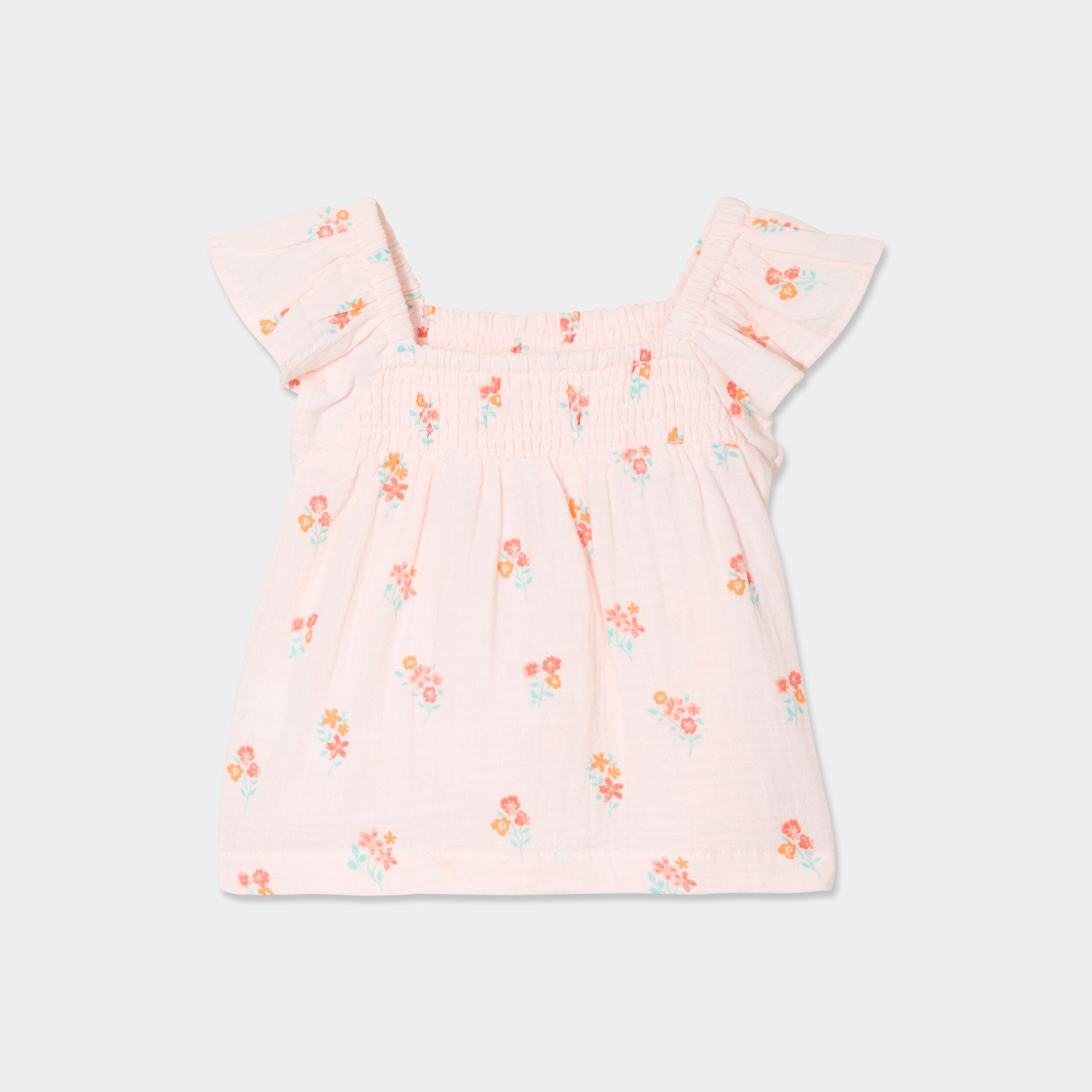 blouse smockee a volants gaze de coton rose clair bebef Blouse smockée à volants gaze de coton rose clair bébé fille