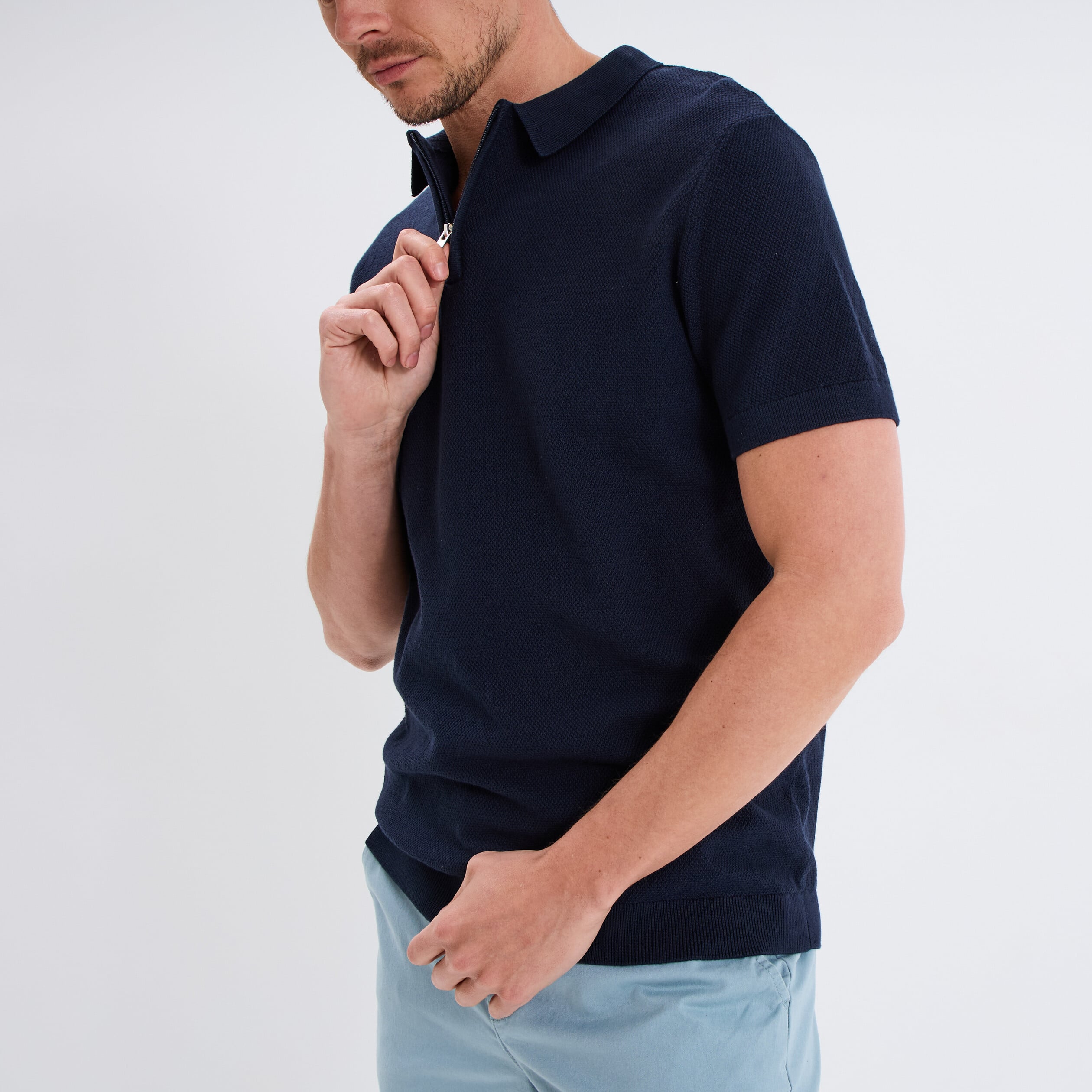 Polo col zipp&eacute; manches courtes coton bleu marine homme