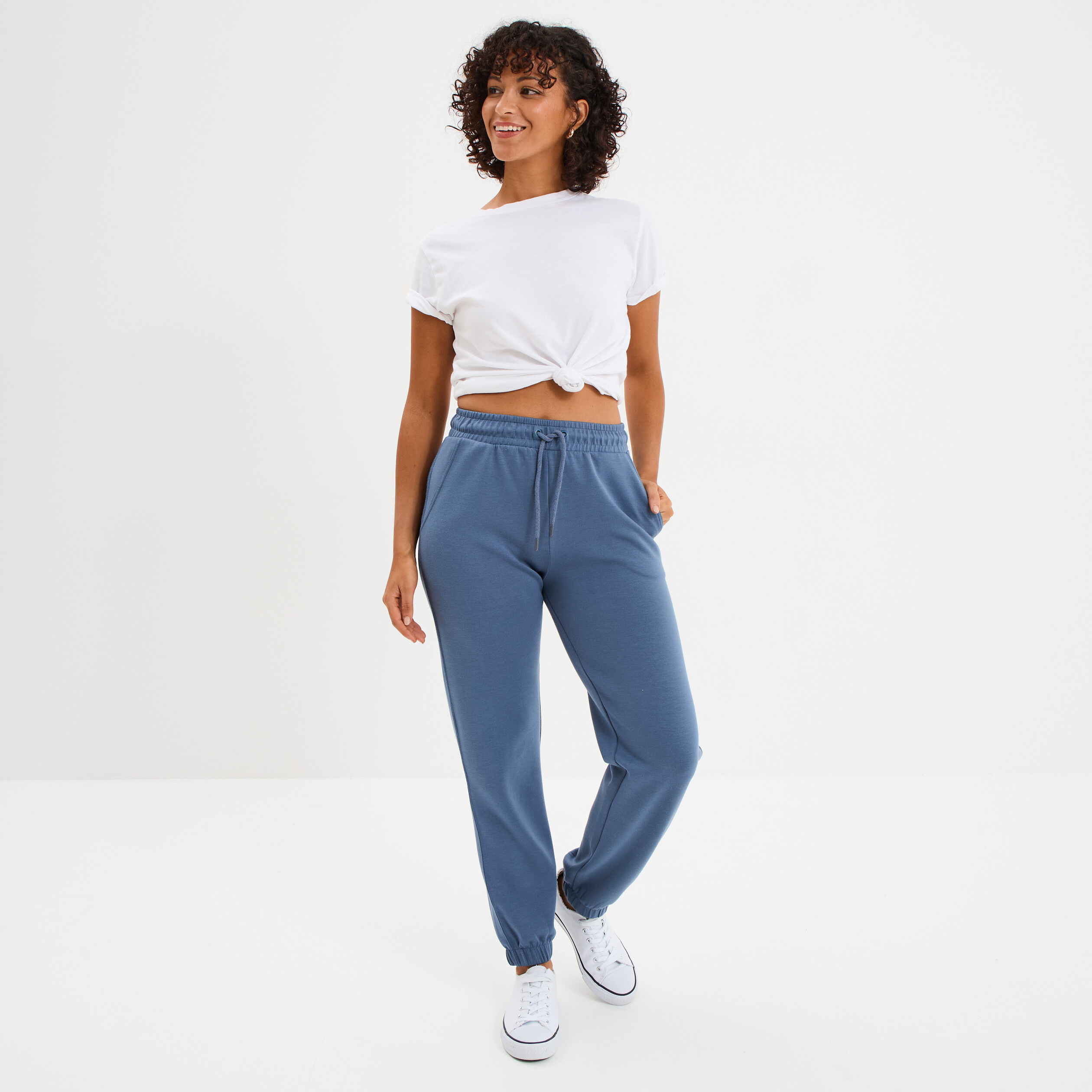 pantalon de jogging large elastique bleu gris femme Pantalon de jogging large élastiqué bleu gris femme
