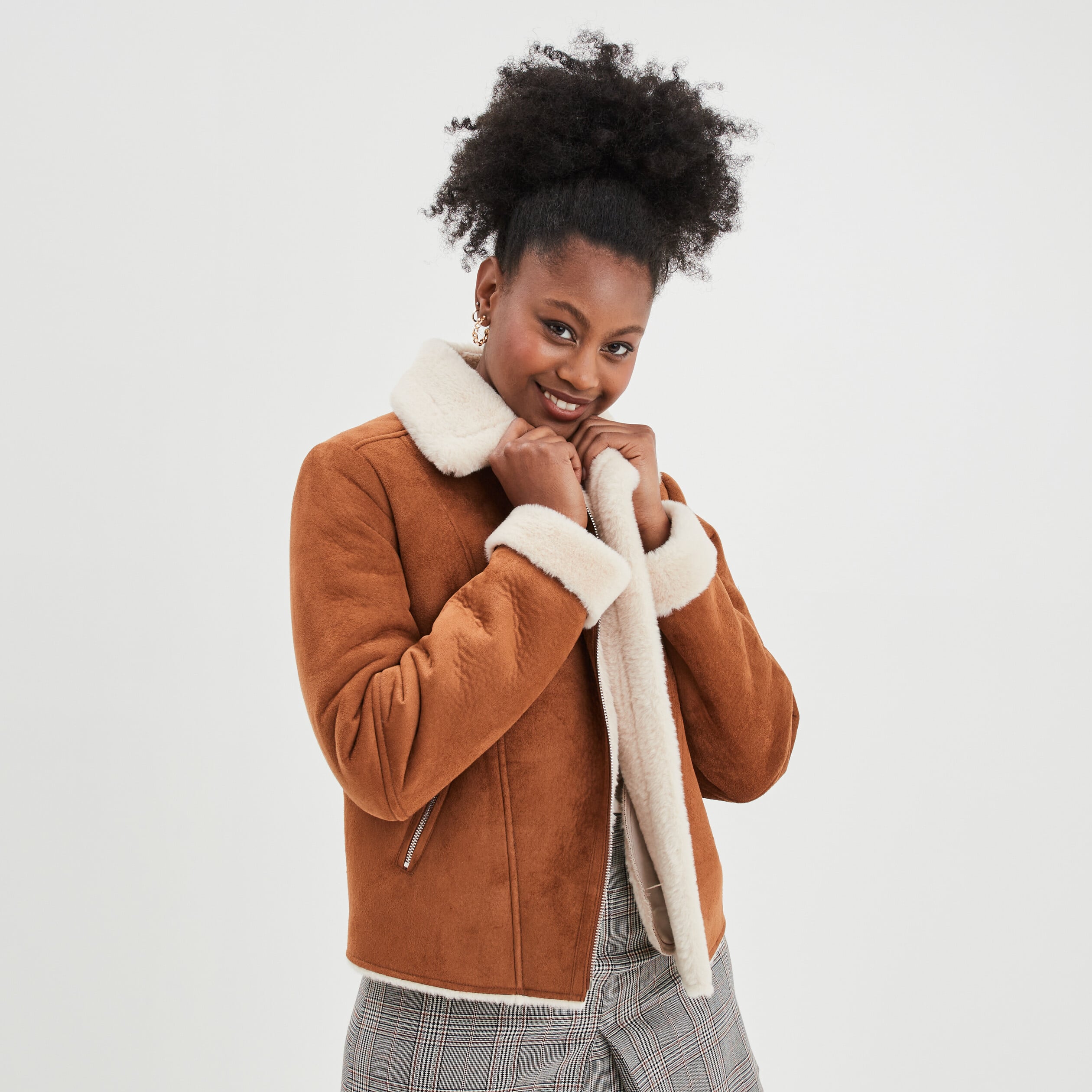 Veste col aviateur zipp&eacute;e doubl&eacute;e camel femme