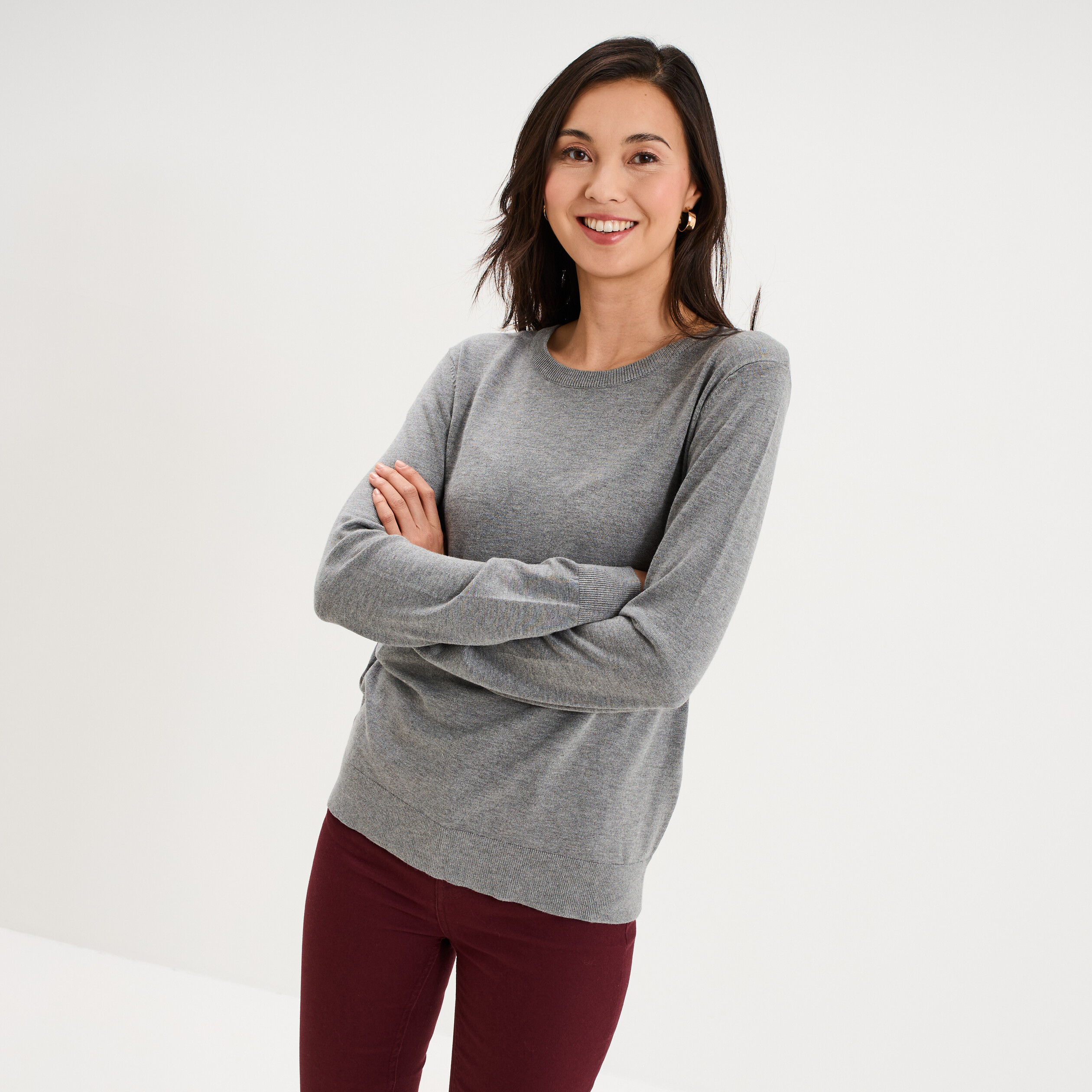 Pull col rond manches longues gris femme