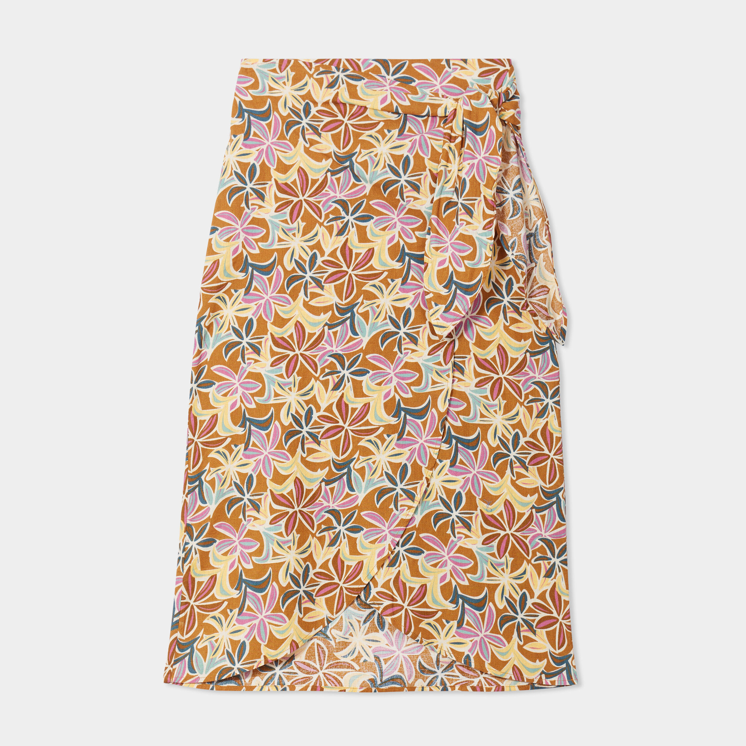 jupe midi portefeuille avec noeud en lin camel femme Jupe midi portefeuille avec noeud en lin camel femme