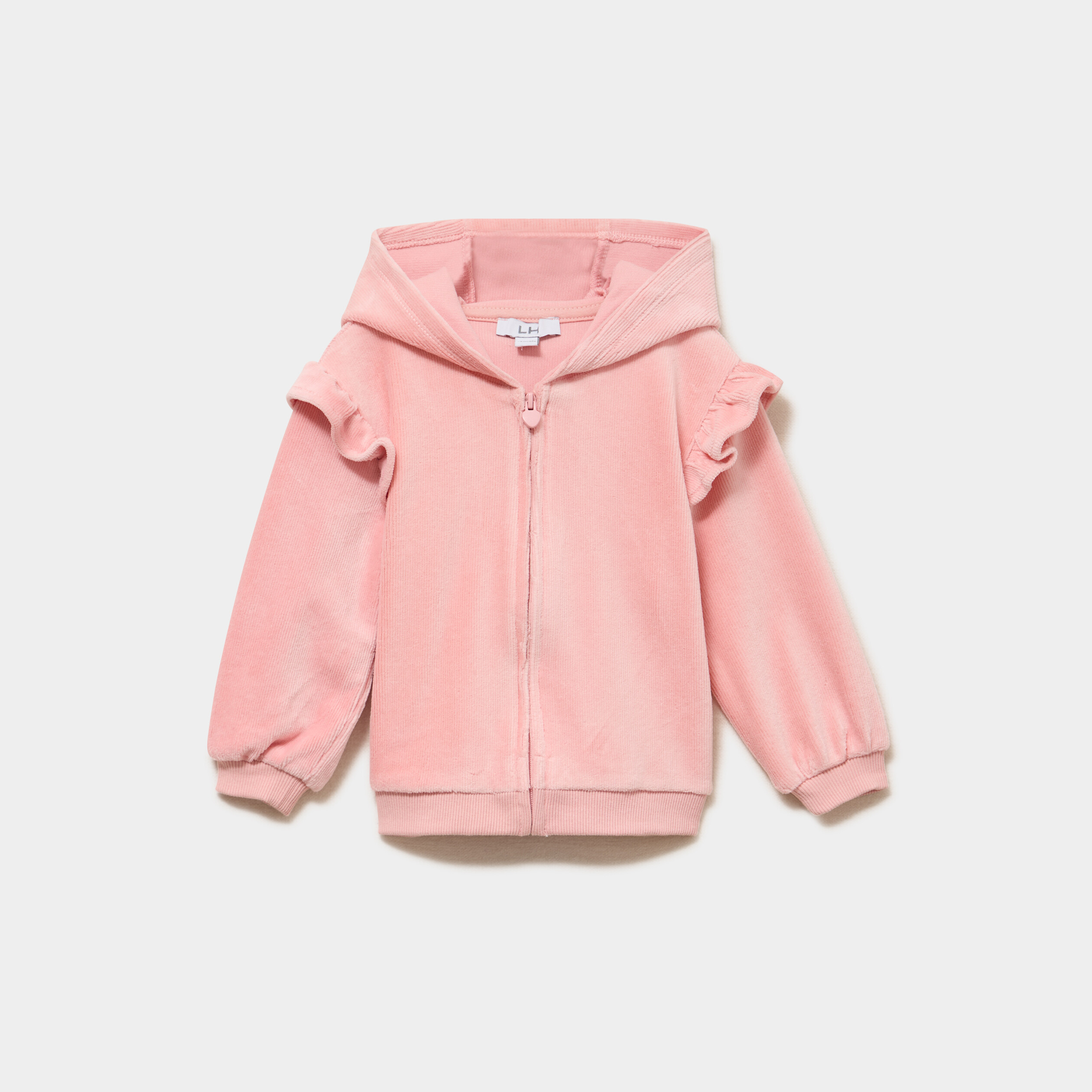 Gilet &agrave; capuche effet velours c&ocirc;tel&eacute; rose poudr&eacute;e b&eacute;b&eacute; fille