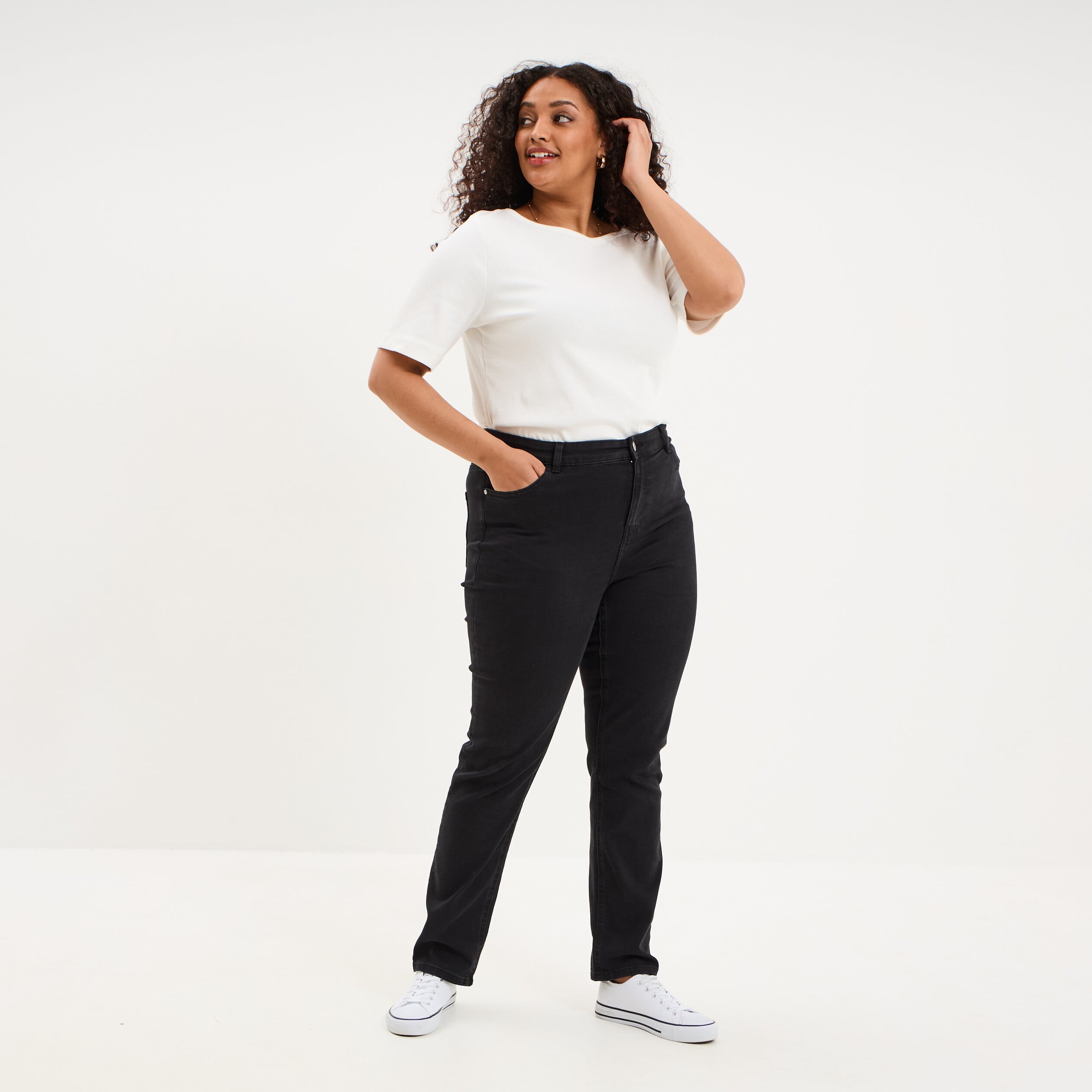 Jeans slim taille haute 5 poches denim noir femme grande taille
