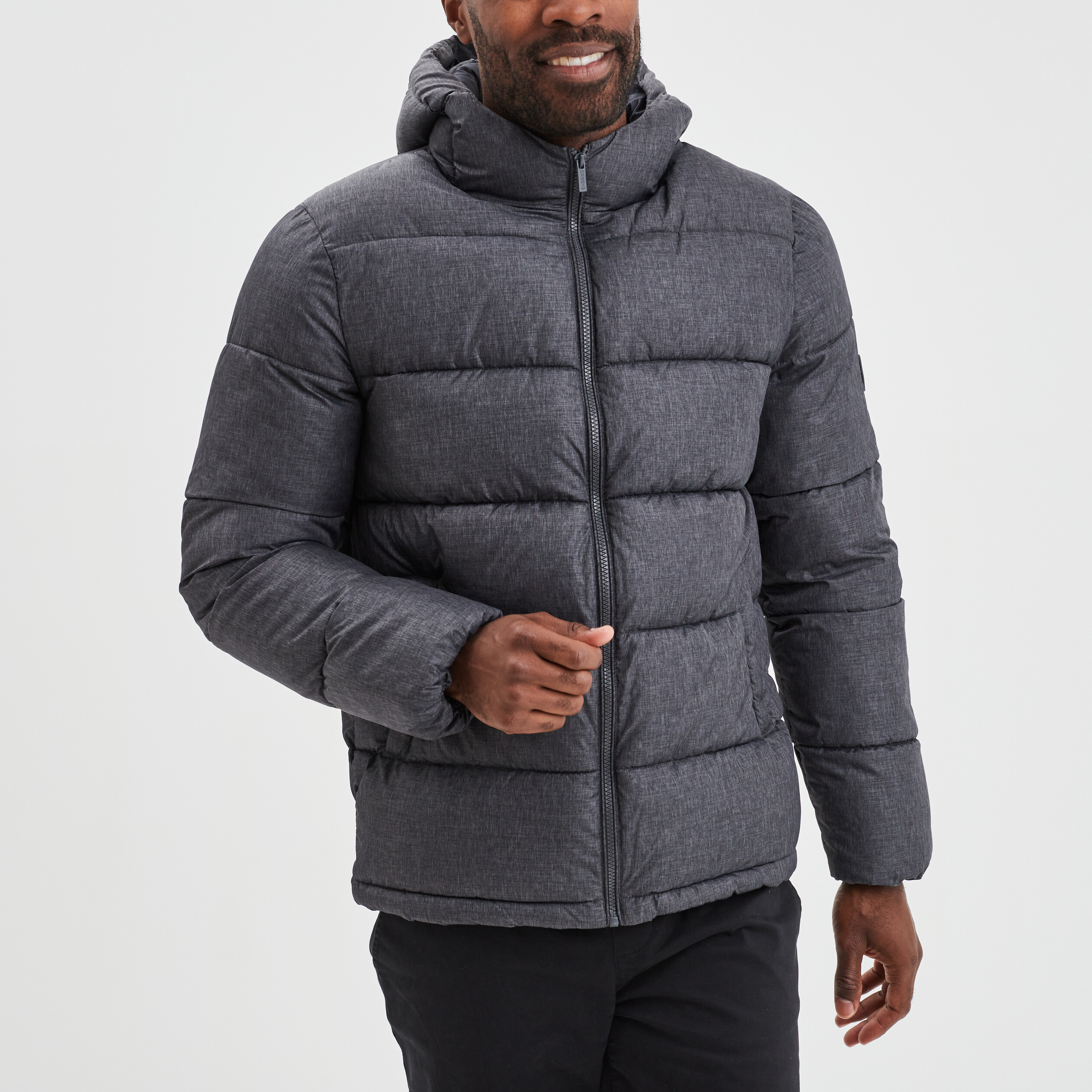 Doudoune doubl&eacute;e zipp&eacute;e &agrave; capuche gris fonc&eacute; homme