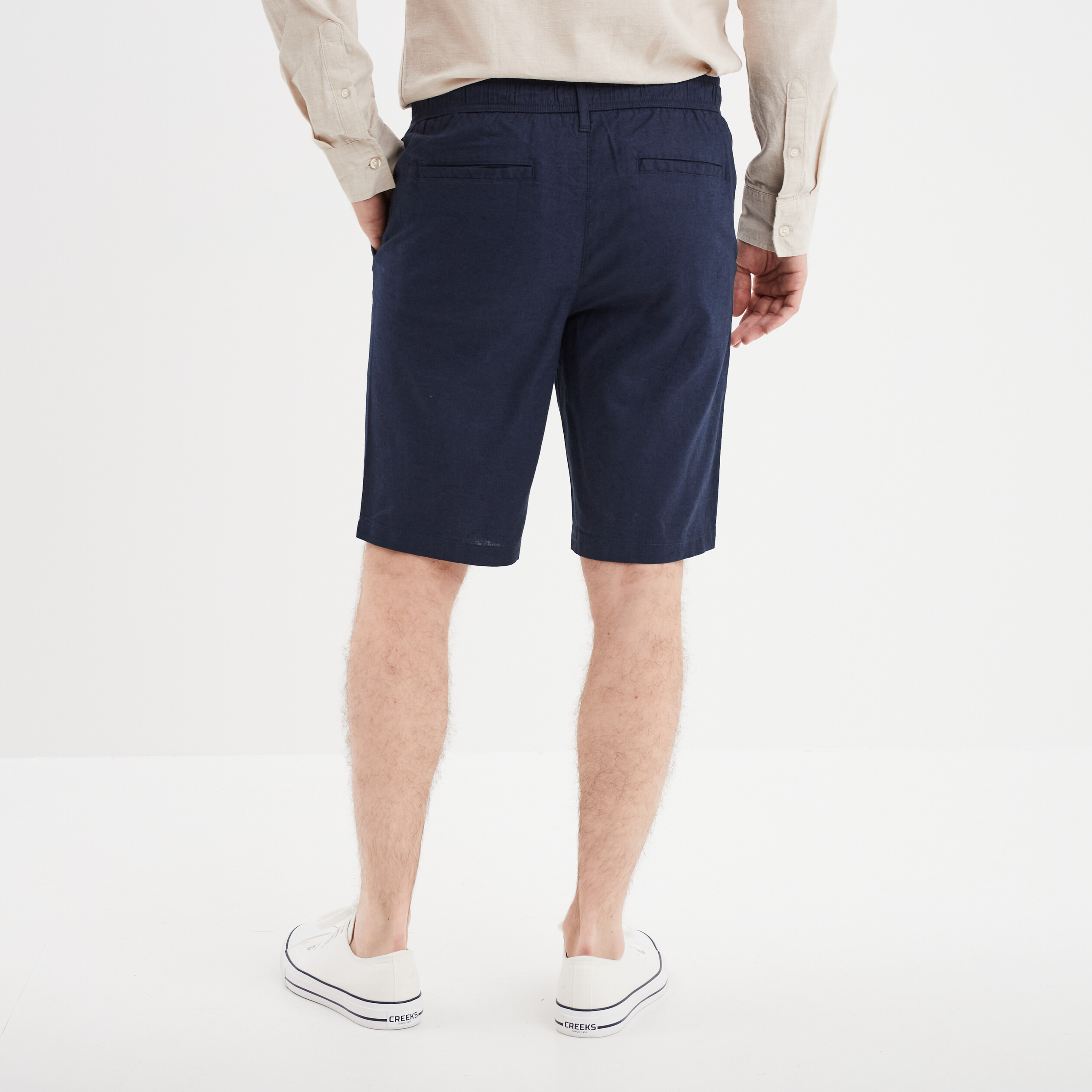 bermuda chino a coulisse lin melange bleu marine homme Bermuda chino à coulisse lin mélangé bleu marine homme