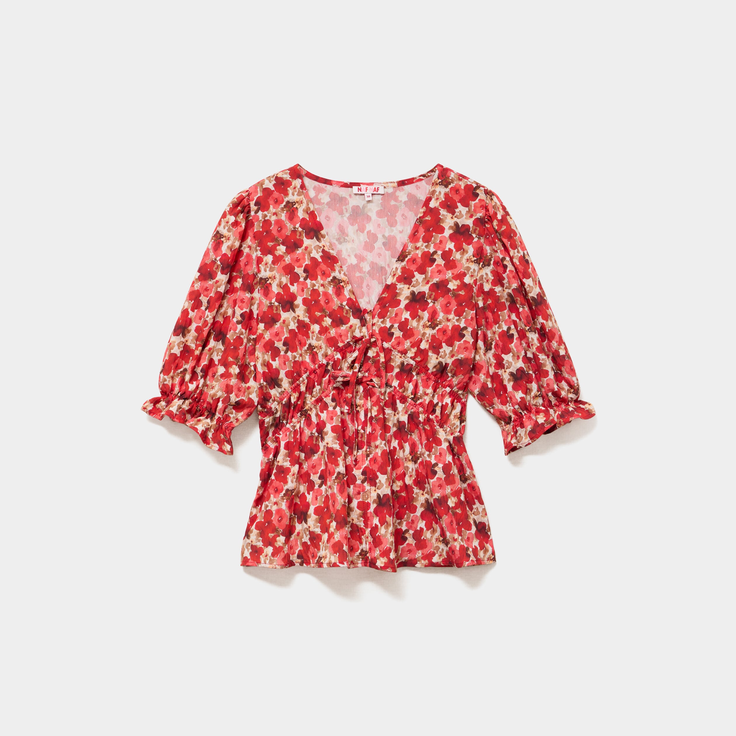 Blouse smok&eacute;e manches 3/4 col V rouge coquelicot femme