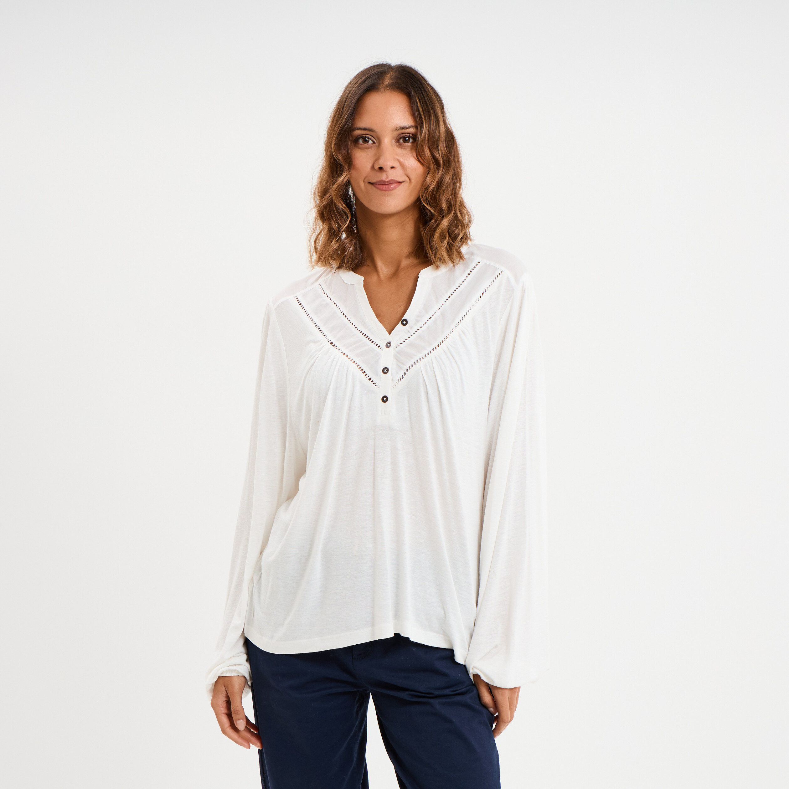Blouse col tunisien m&eacute;lange lin blanc femme
