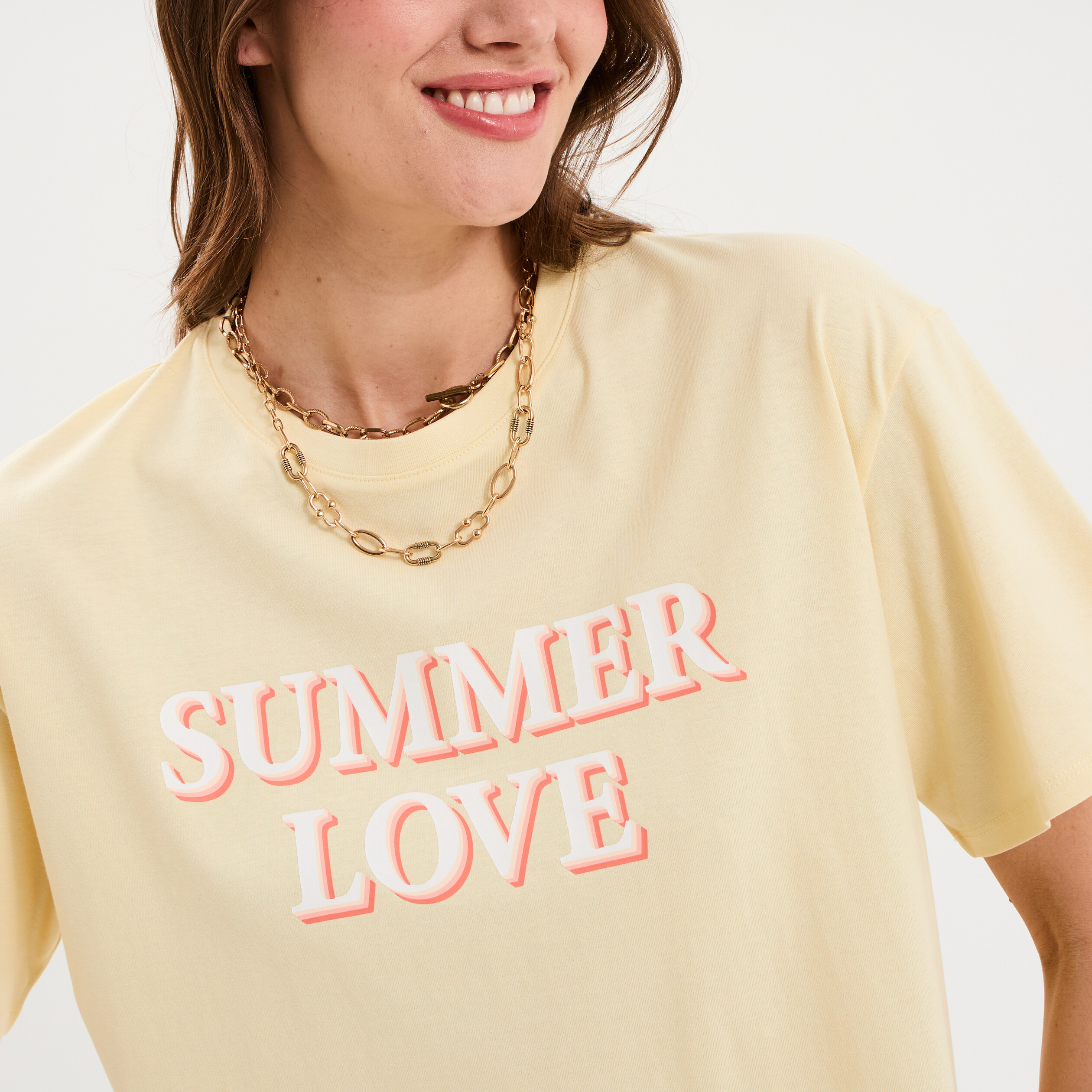 T-shirt droit manches courtes coton jaune clair femme