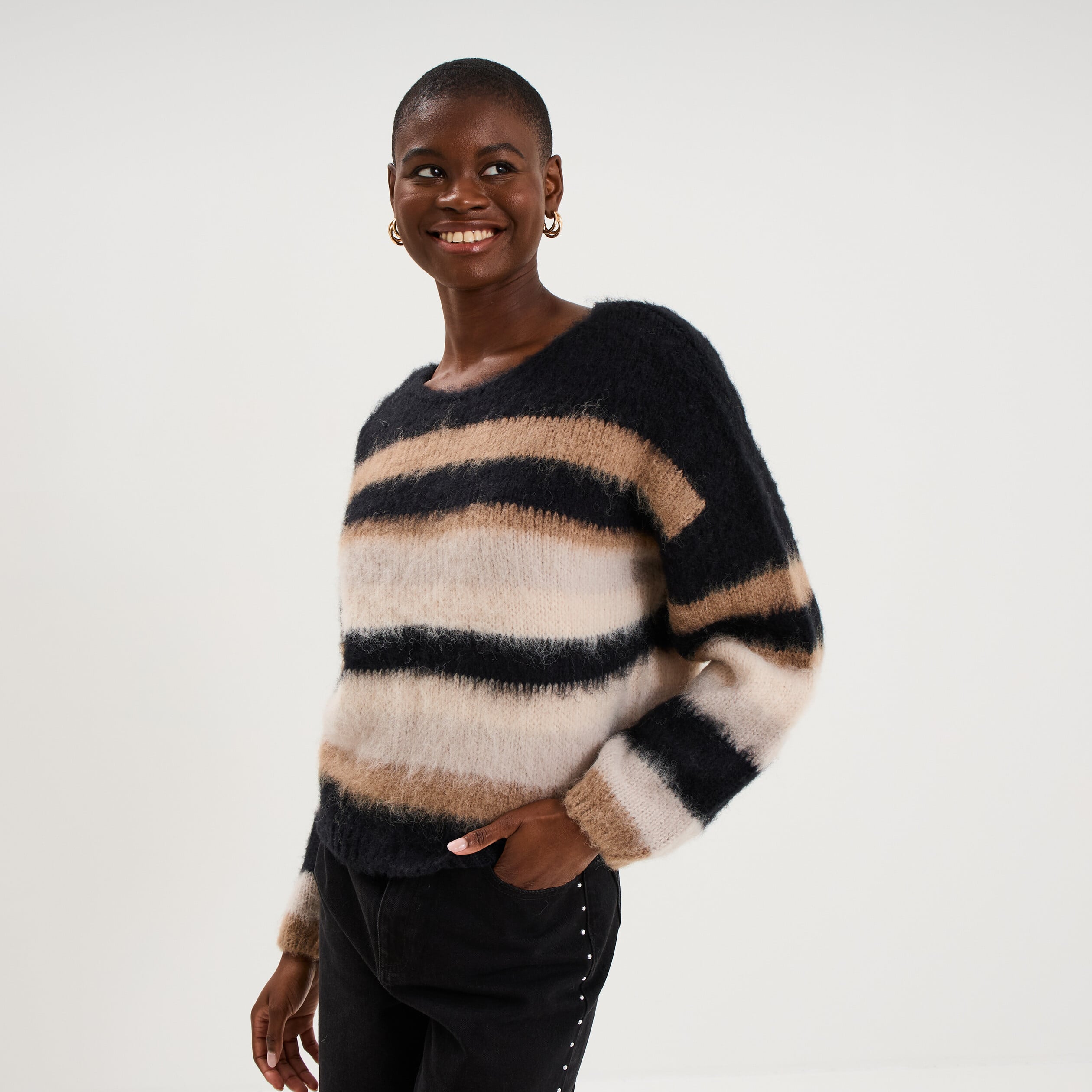 Pull col rond manches longues beige femme