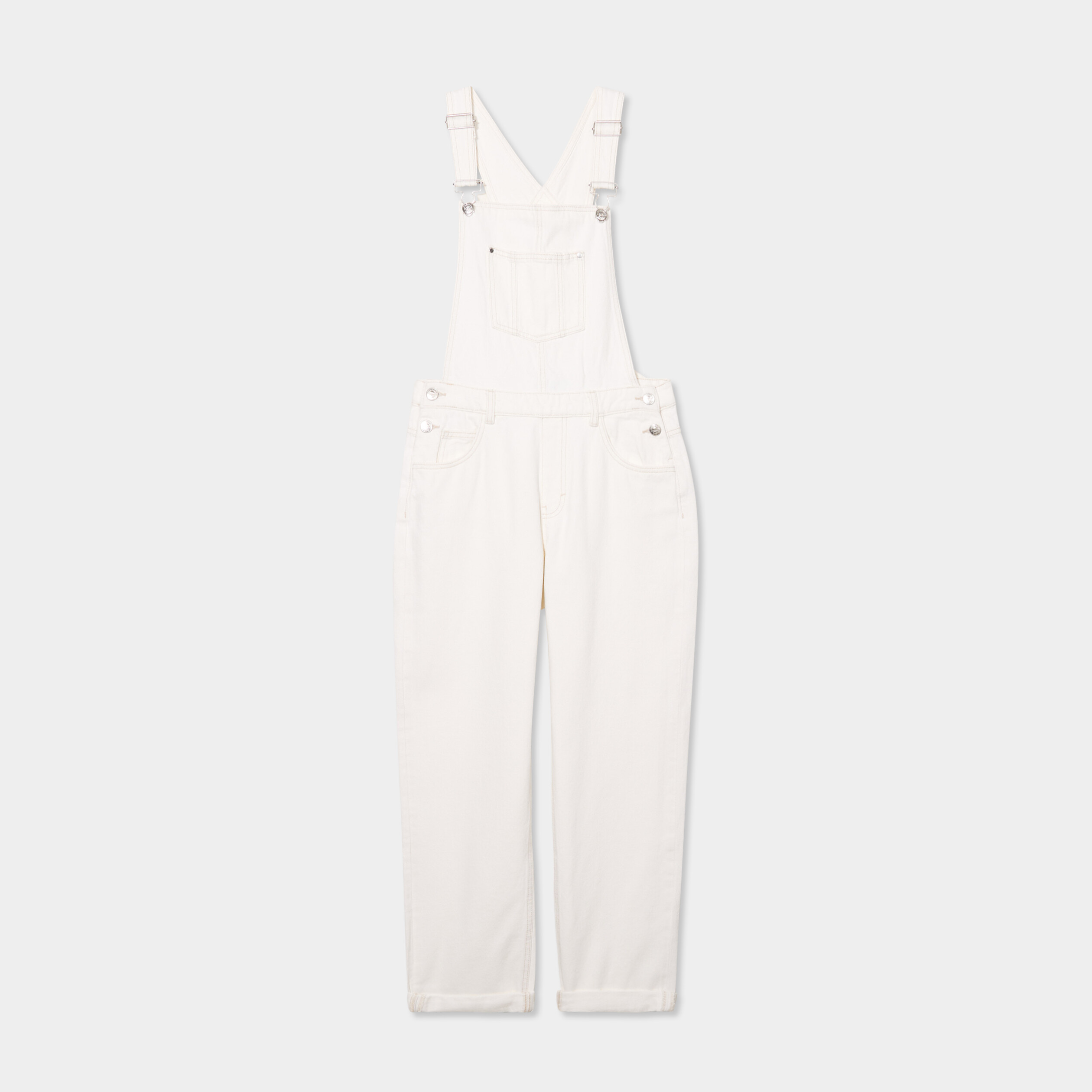 Salopette en jean mom boutonn&eacute;e ecru femme