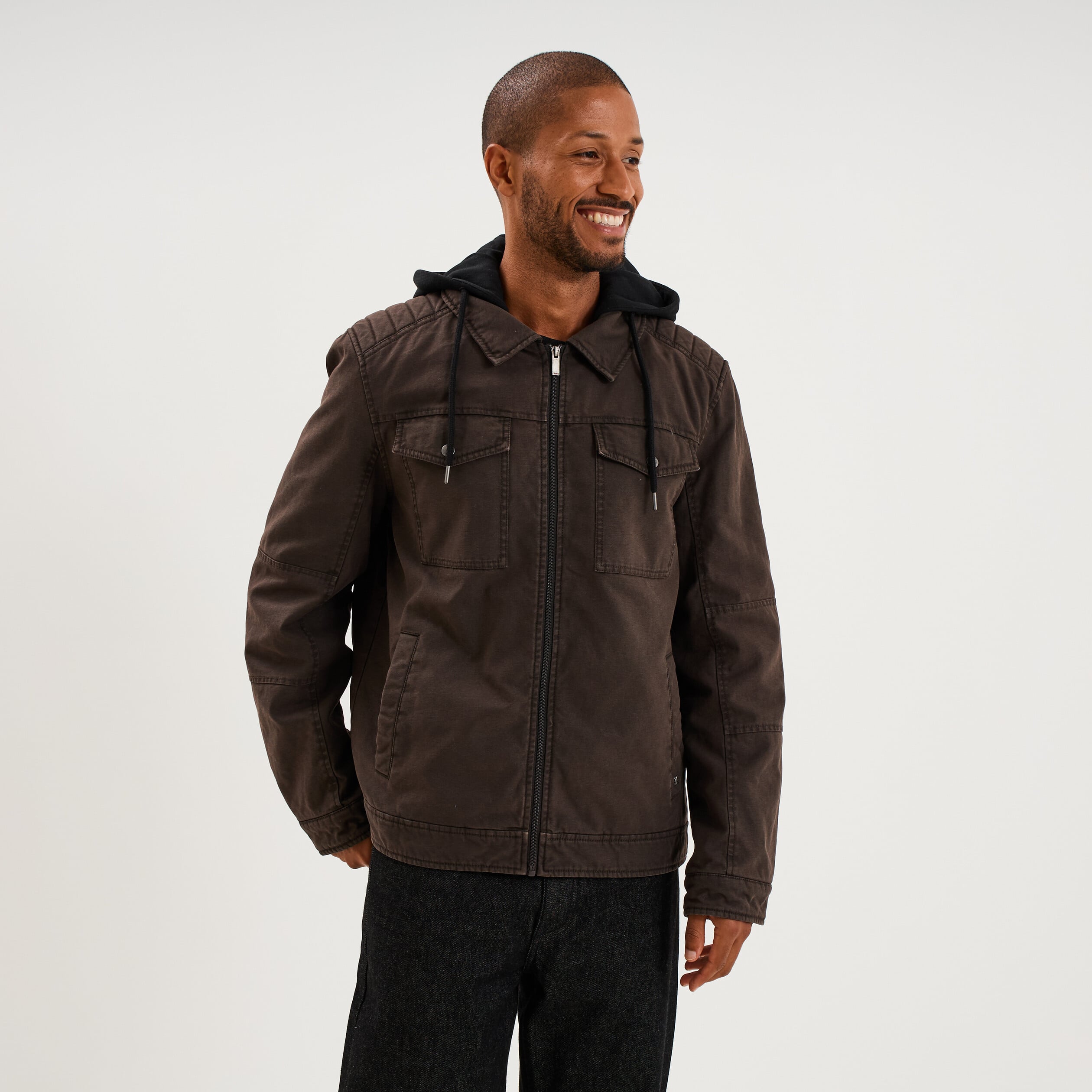 Veste doubl&eacute;e capuche amovible en coton marron fonc&eacute; homme