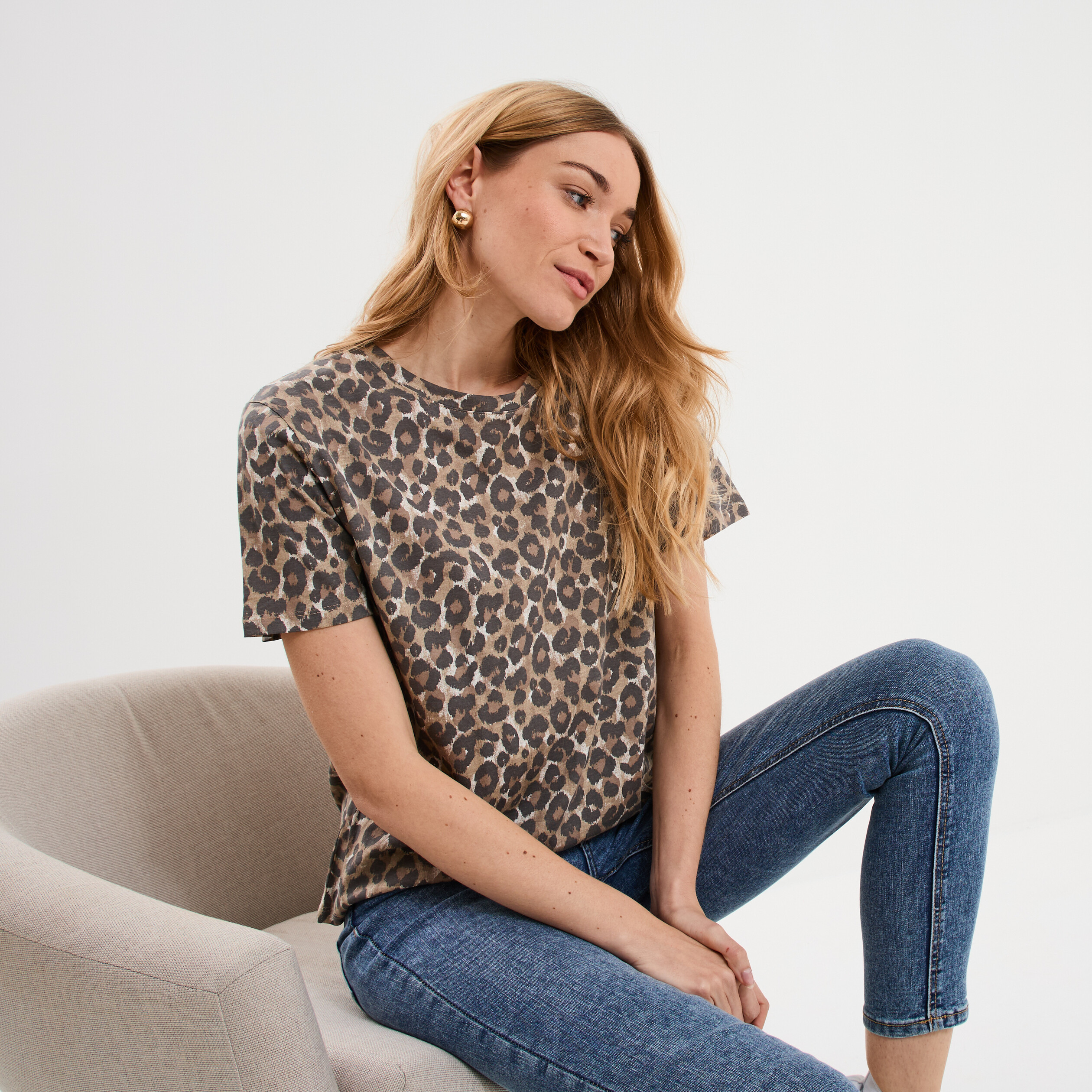 T-shirt coton col rond manches courtes beige fonce femme