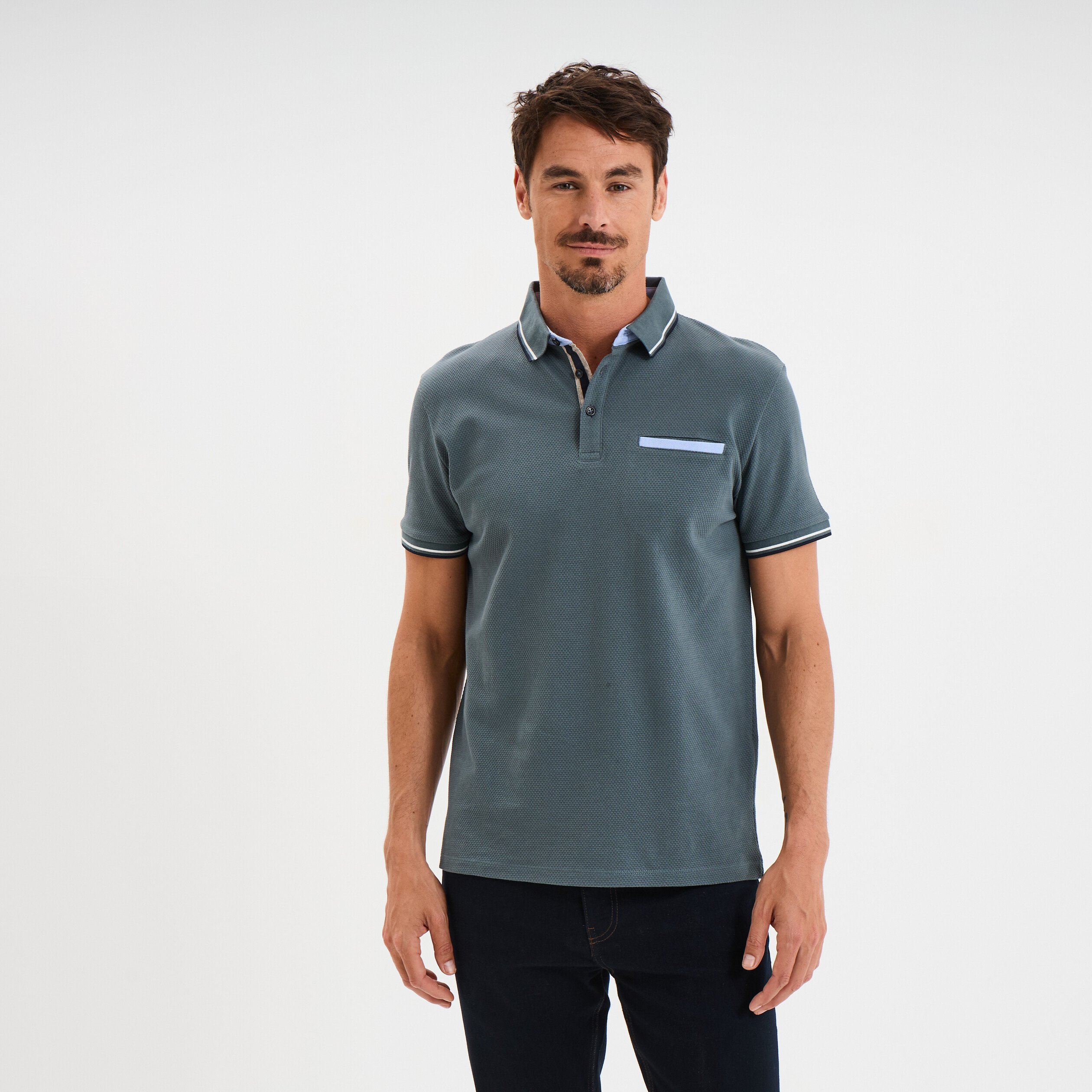 polo manches courtes 1 poche coton vert fonce homme Polo manches courtes 1 poche coton vert foncé homme