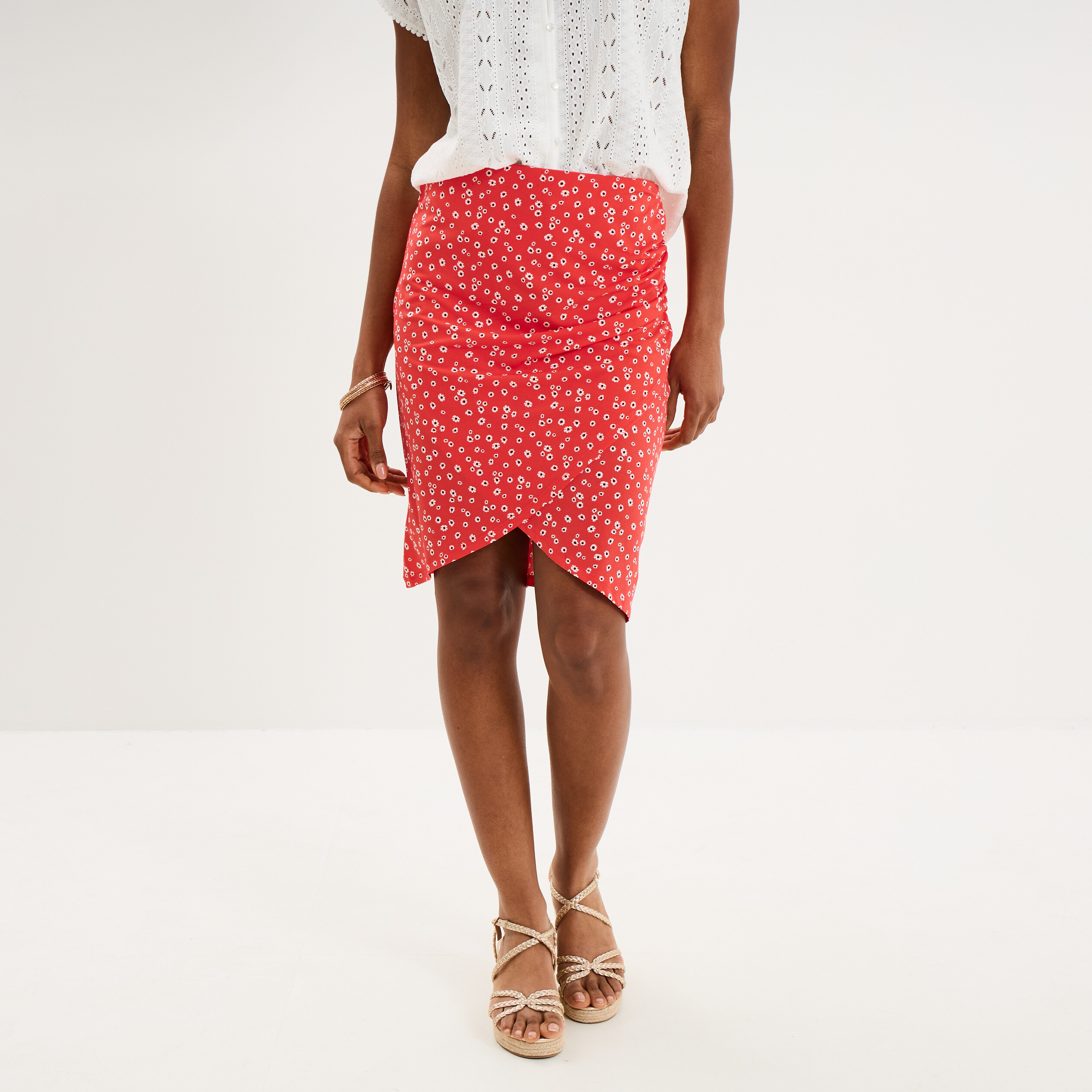 Jupe courte taille &eacute;lastiqu&eacute;e stretch rouge coquelicot femme