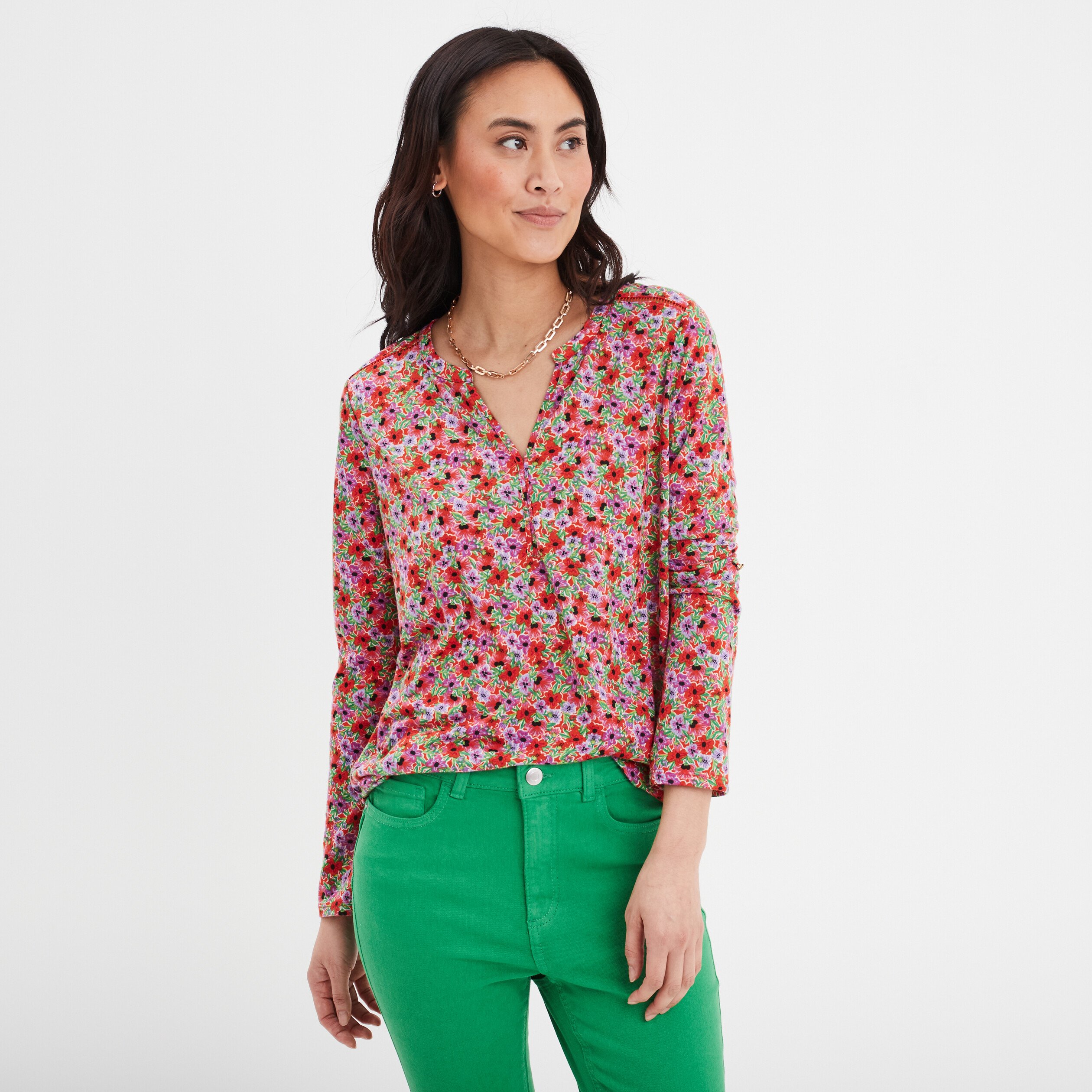 t shirt manches longues a revers rouge femme T-shirt manches longues à revers rouge femme