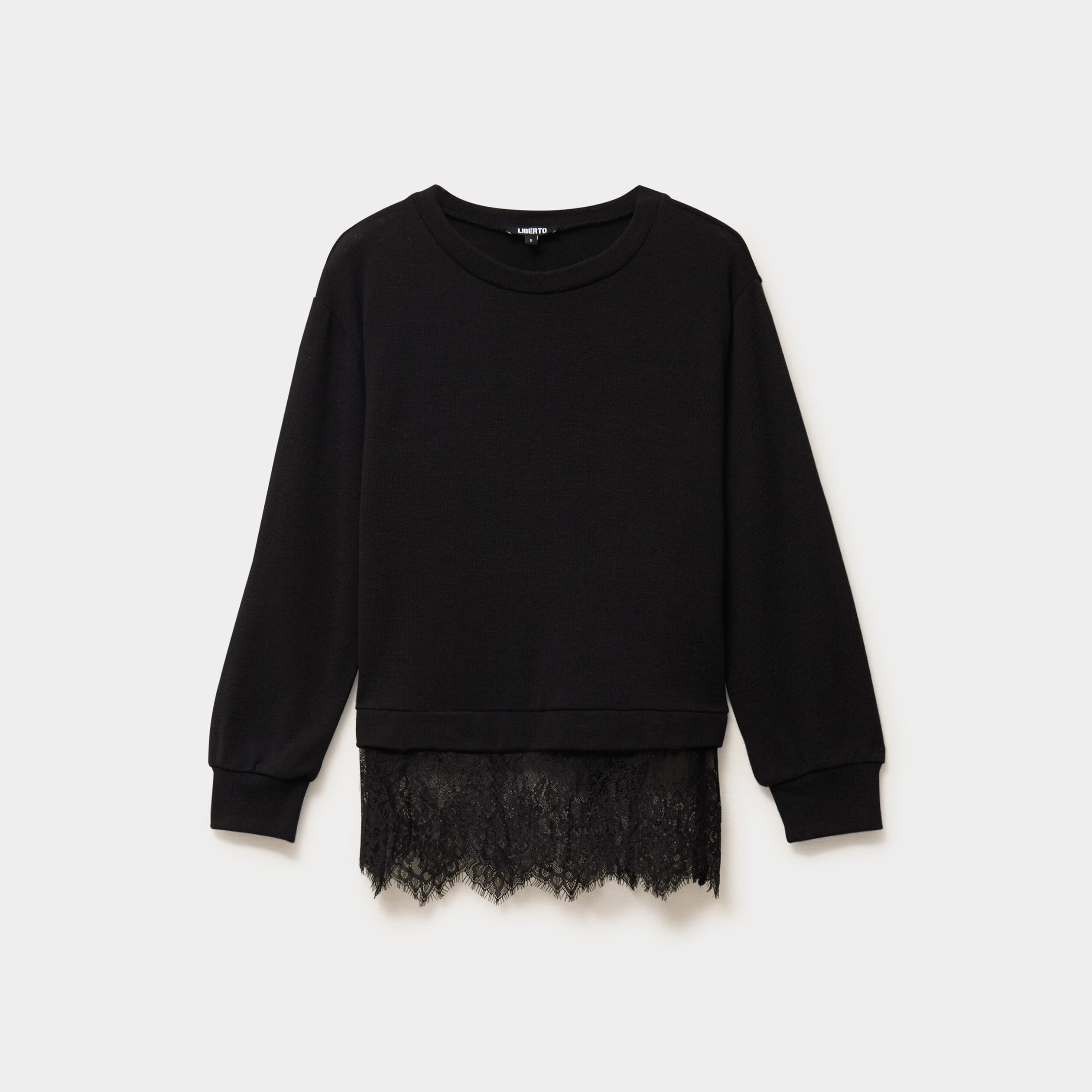 Pull col rond dentelle &agrave; la taille noir femme