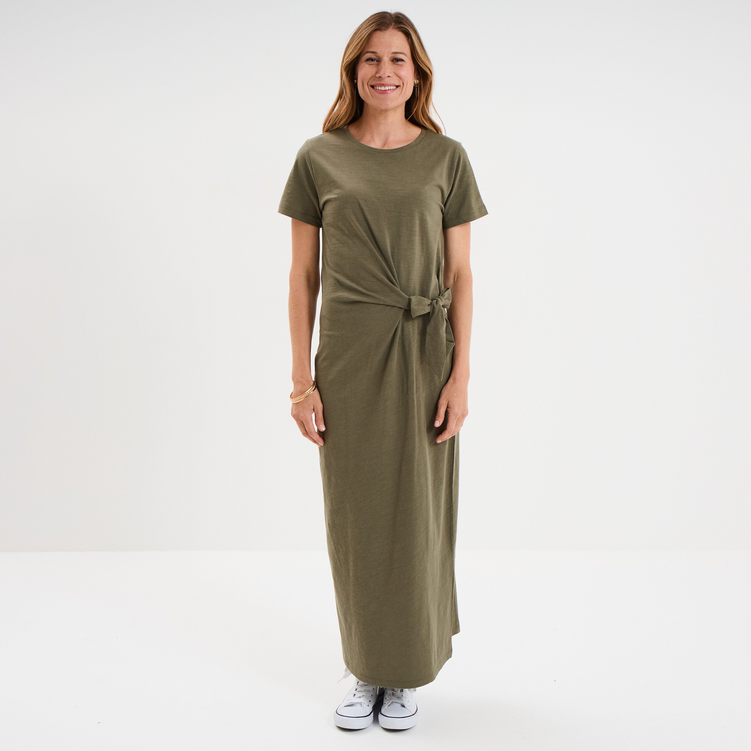 robe midi taille effet noue coton vert kaki femme Robe midi taille effet noué coton vert kaki femme