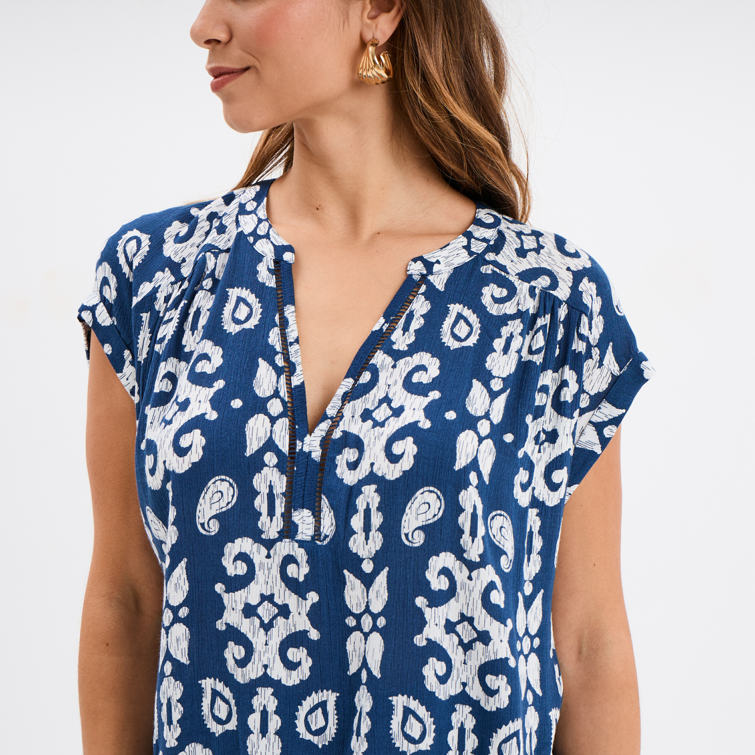 Bleu Marine Blouse Femme Manche Courte Blouse Crépon