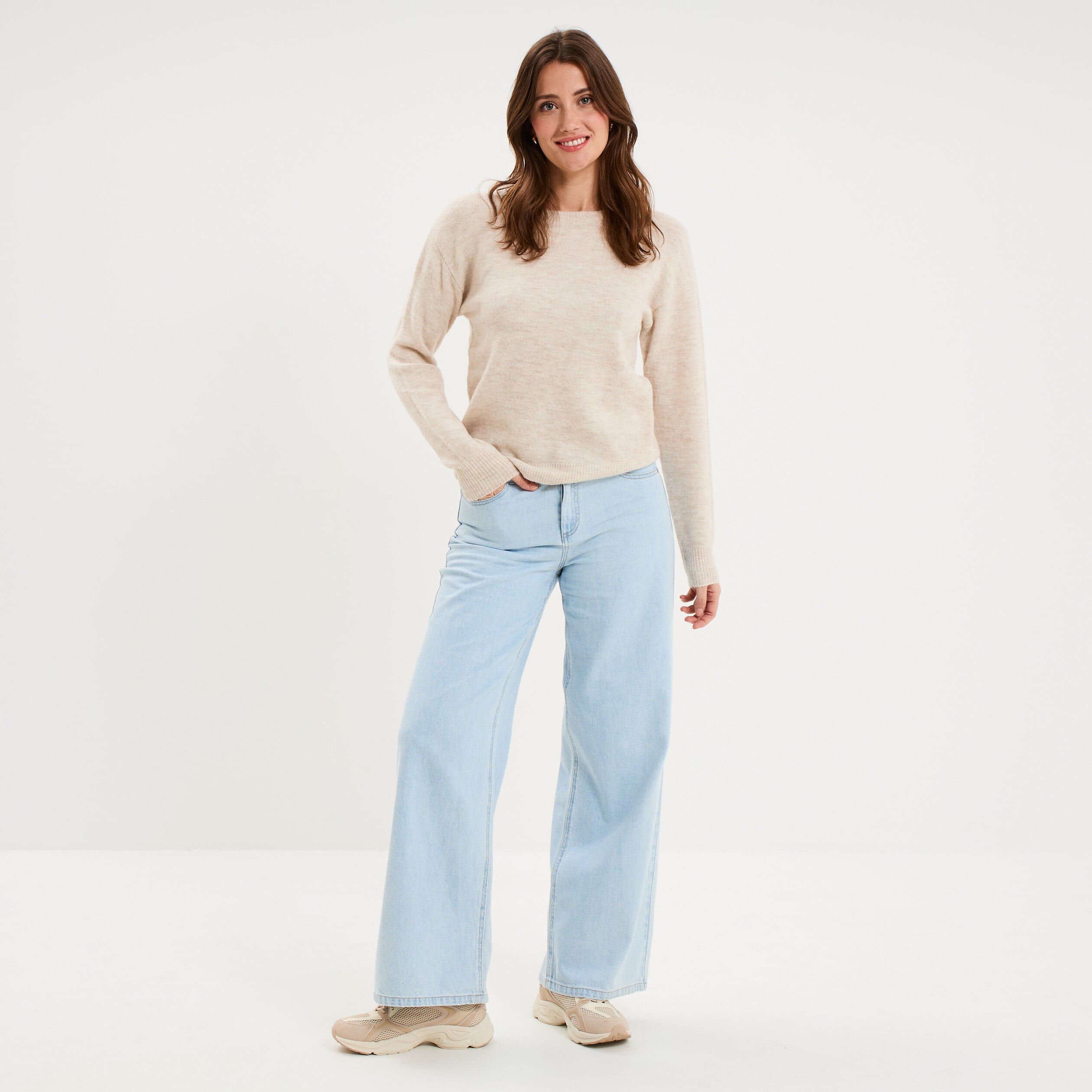 Pull col rond manches longues ecru femme