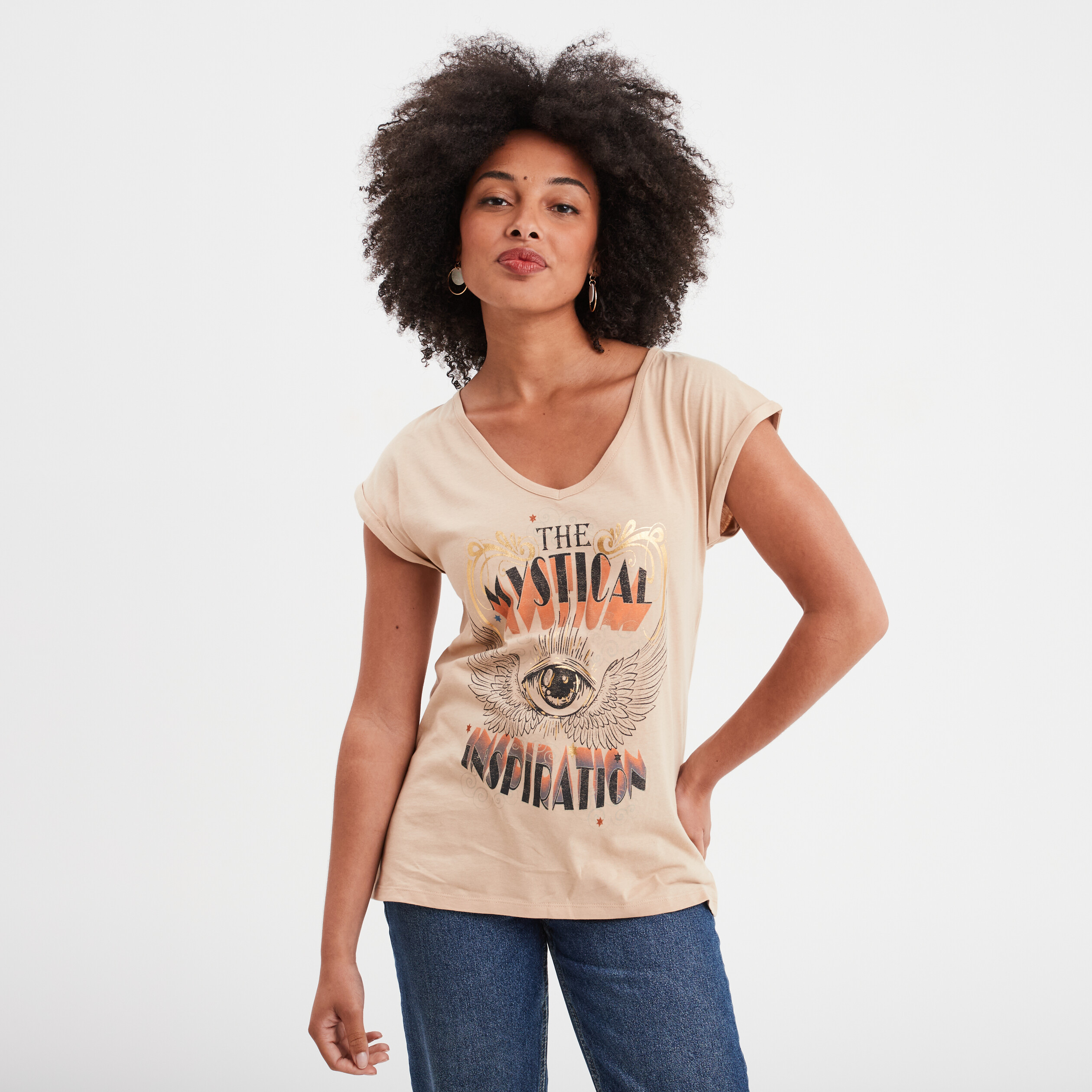 T-shirt coton col en V manches courtes beige femme