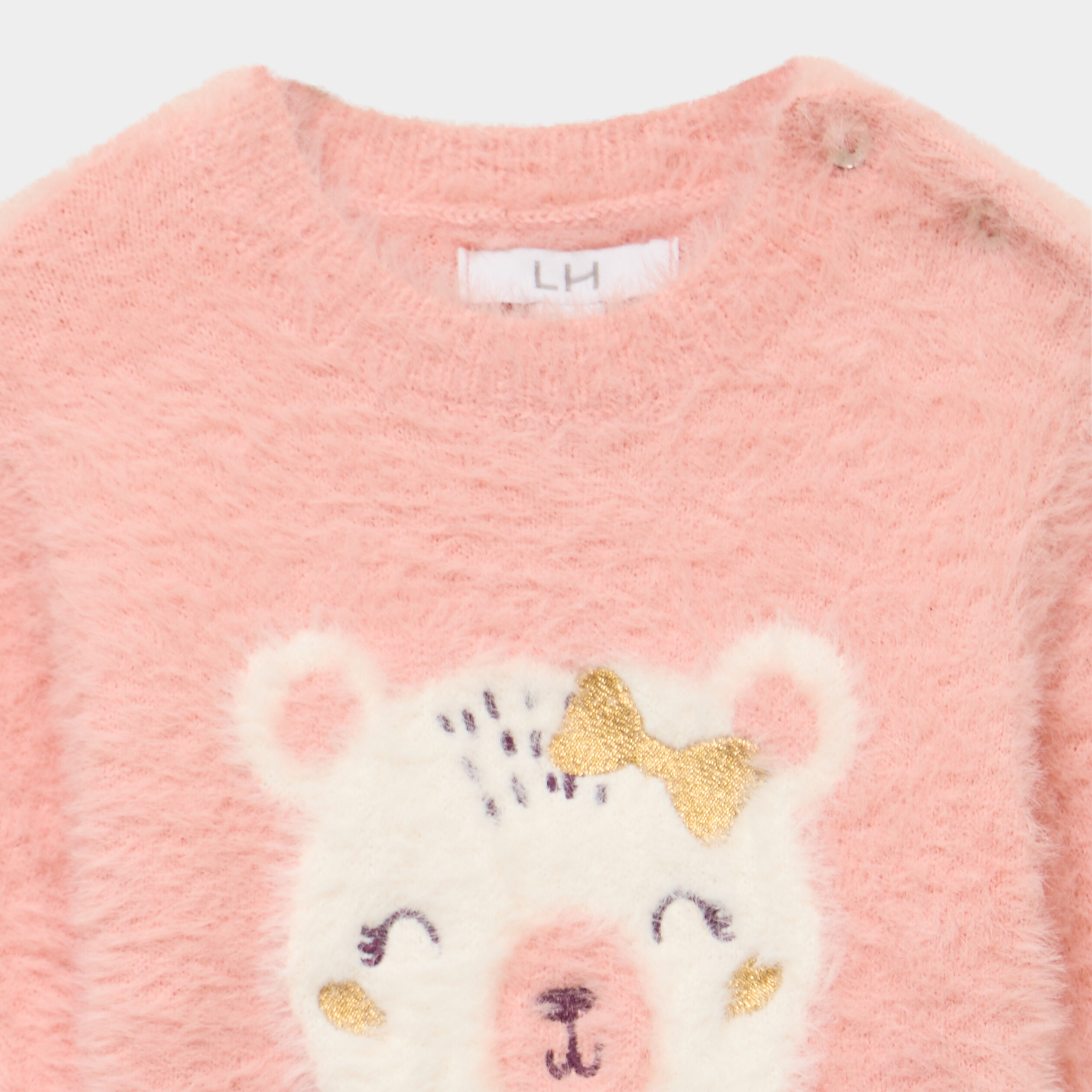 Pull effet duveteux &agrave; &eacute;paule boutonn&eacute;e rose poudr&eacute;e b&eacute;b&eacute; fille