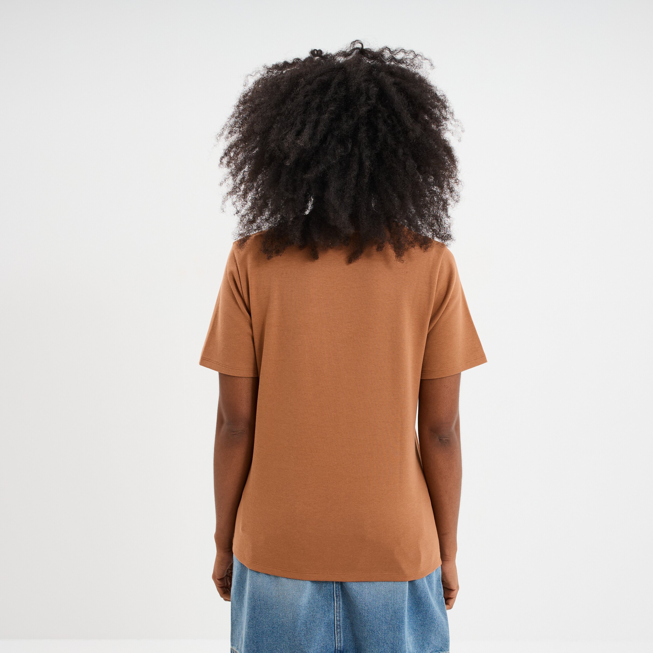T-shirt col rond manches courtes coton marron clair femme